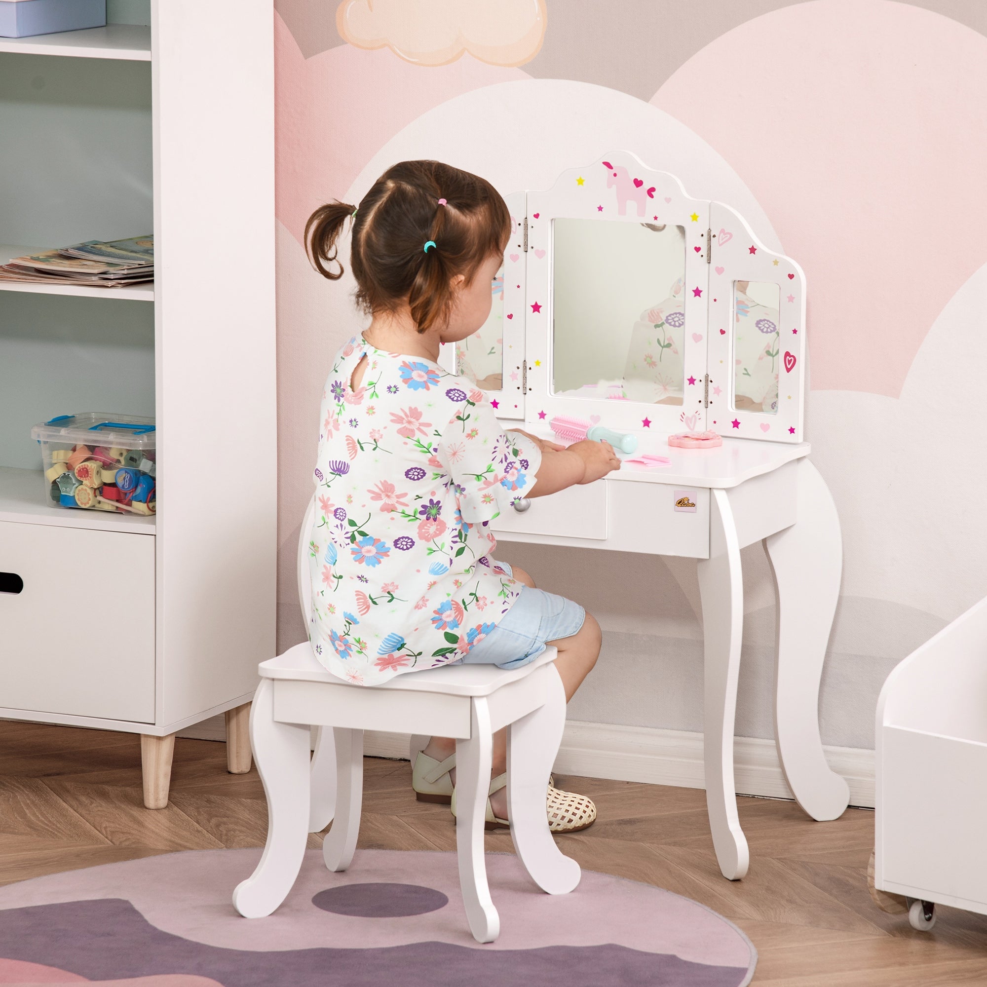 Children's Wooden Dressing Table with Stool and 3-Sided Acrylic Mirror Makeup Table for Girls with Drawer for Kids' Room 63x40x85.5 cm Pink