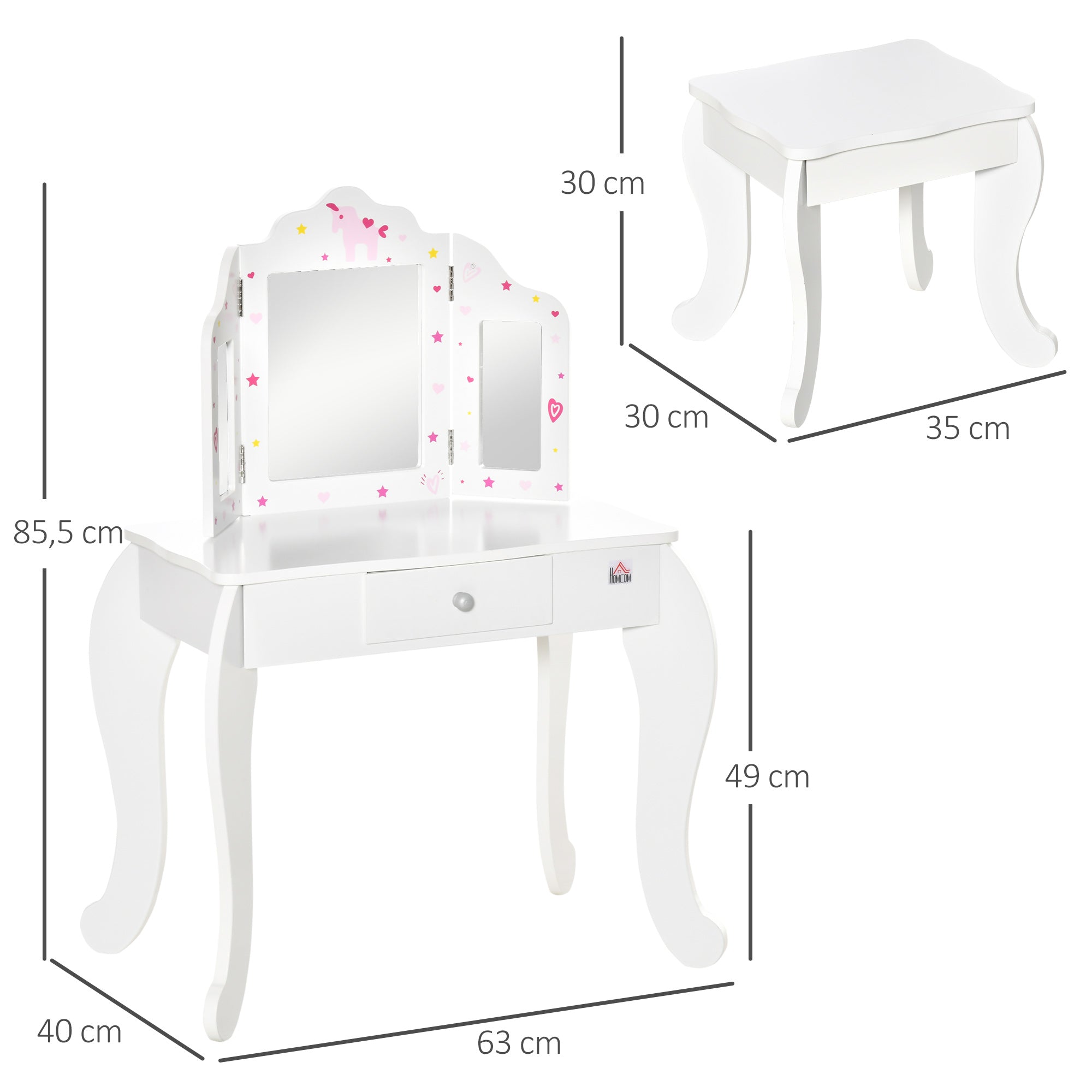 Children's Wooden Dressing Table with Stool and 3-Sided Acrylic Mirror Makeup Table for Girls with Drawer for Kids' Room 63x40x85.5 cm Pink