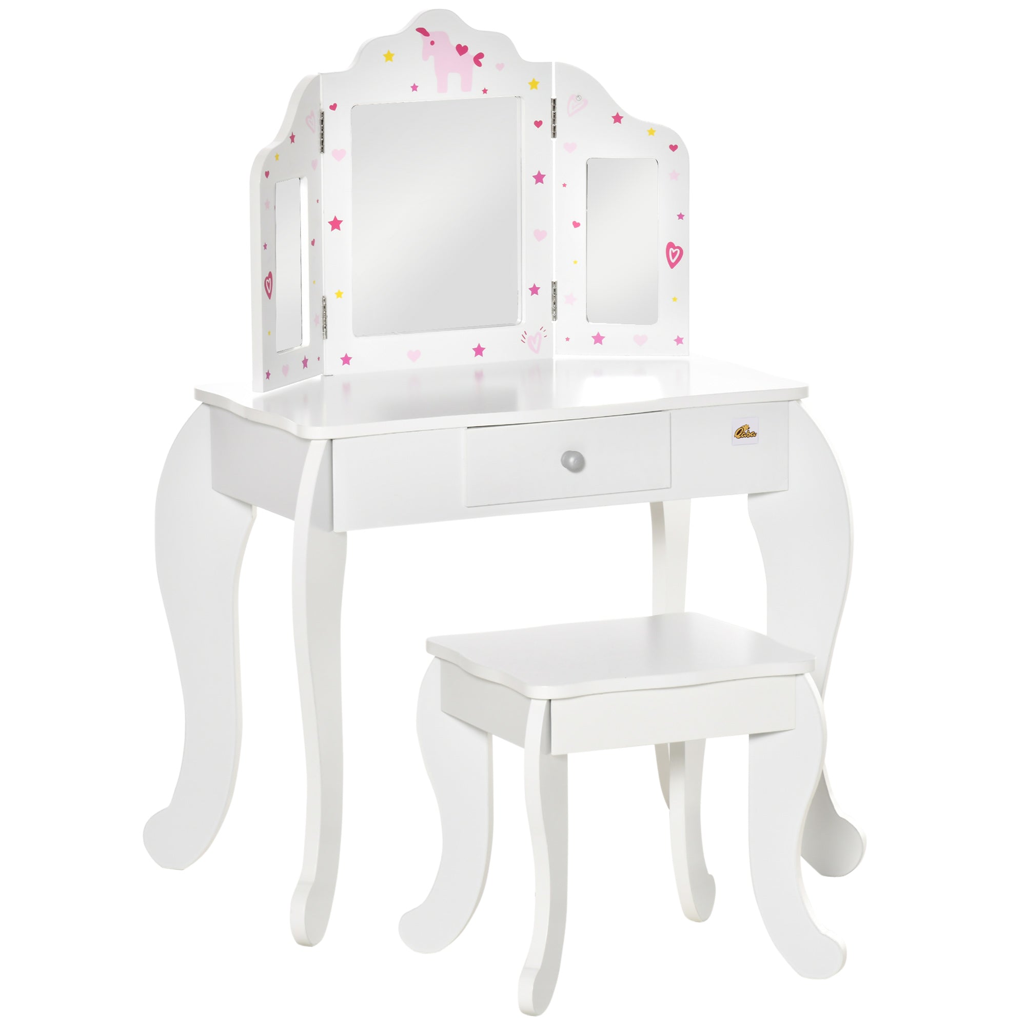 Children's Wooden Dressing Table with Stool and 3-Sided Acrylic Mirror Makeup Table for Girls with Drawer for Kids' Room 63x40x85.5 cm Pink