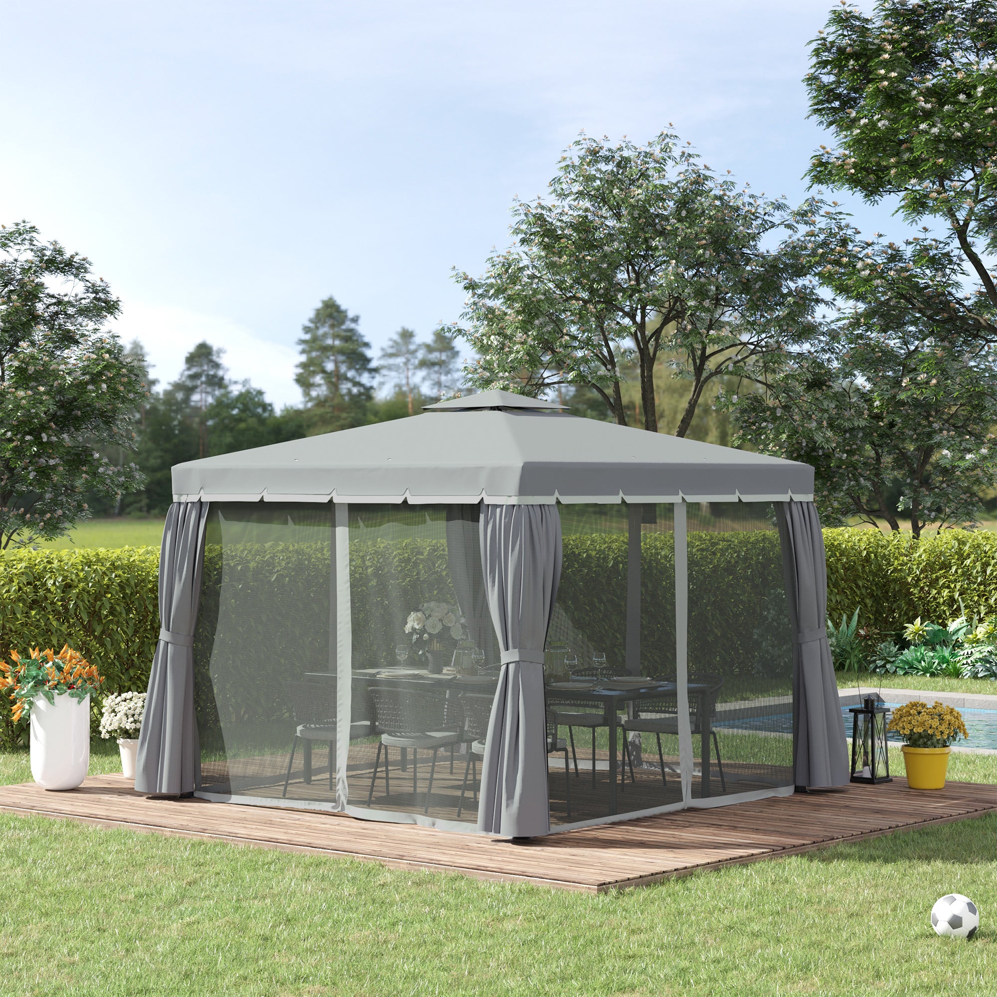 Garden Gazebo Pavilion 2.96 x 2.96 m Garden Tent with Double Roof Marquee Party Tent with 4 x Side Panels Mosquito Net Weatherproof Aluminum Polyester Dark Gray