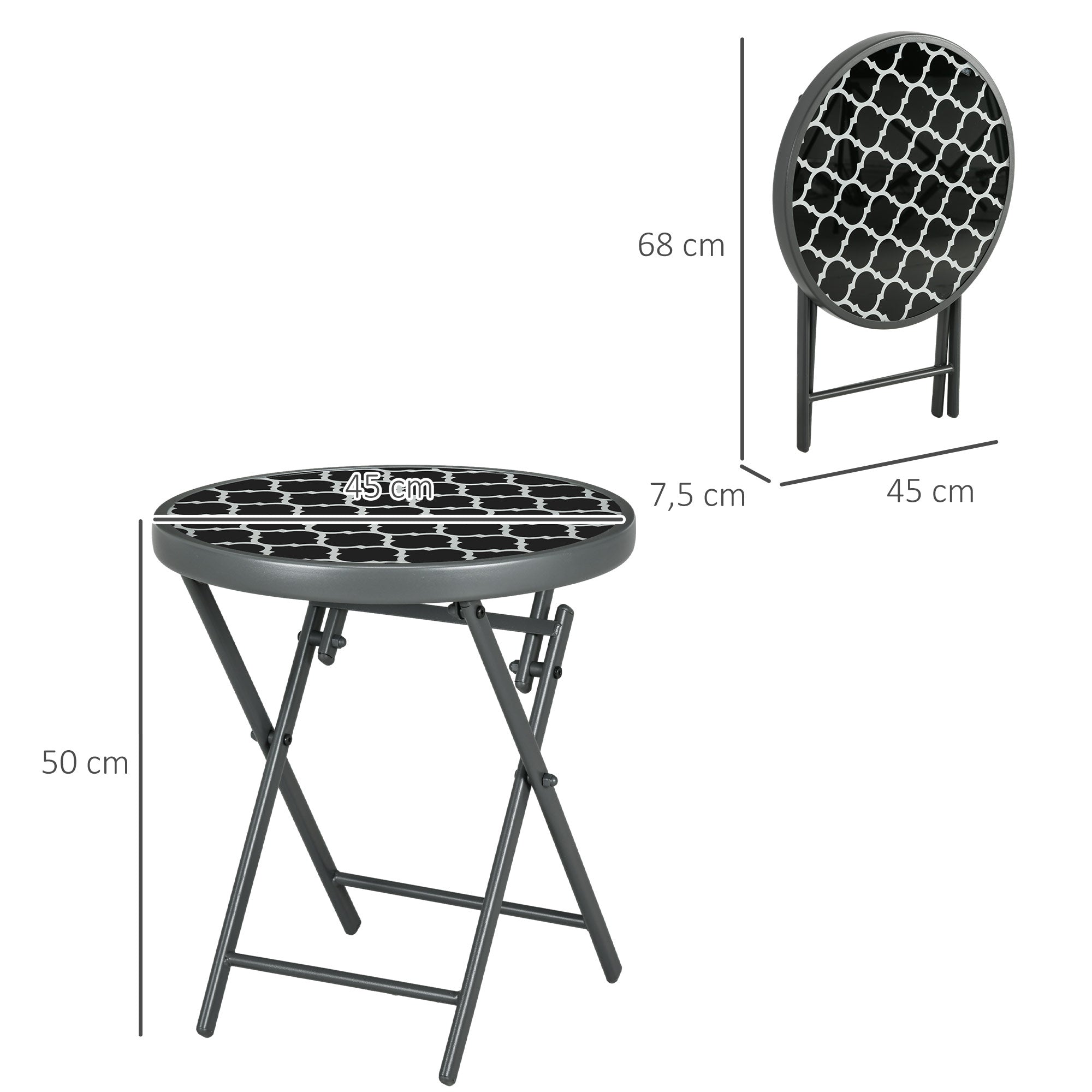 Folding Side Table, Glass Folding Table, Small Camping Table, Round Sofa Table Balcony Table for Balcony Terrace Living Room Office, 45 x 45 x 50 cm, Black