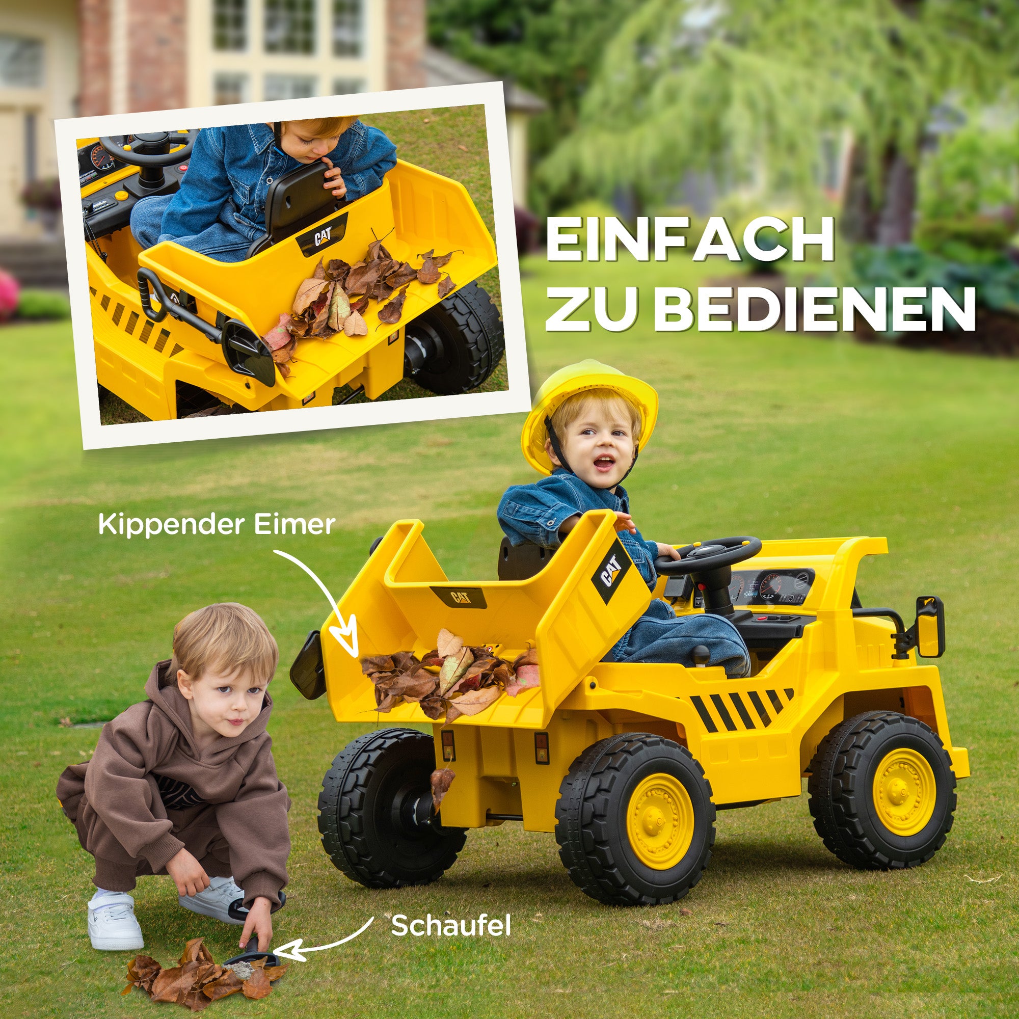 Children's Electric Tractor 12V Sit-On Tractor with 2.4 GHz Remote Control, Bucket, Shovel, Electric Car with Music, Speaker, Headlights, 3-5 km/h, for 3-6 Year Olds, Yellow