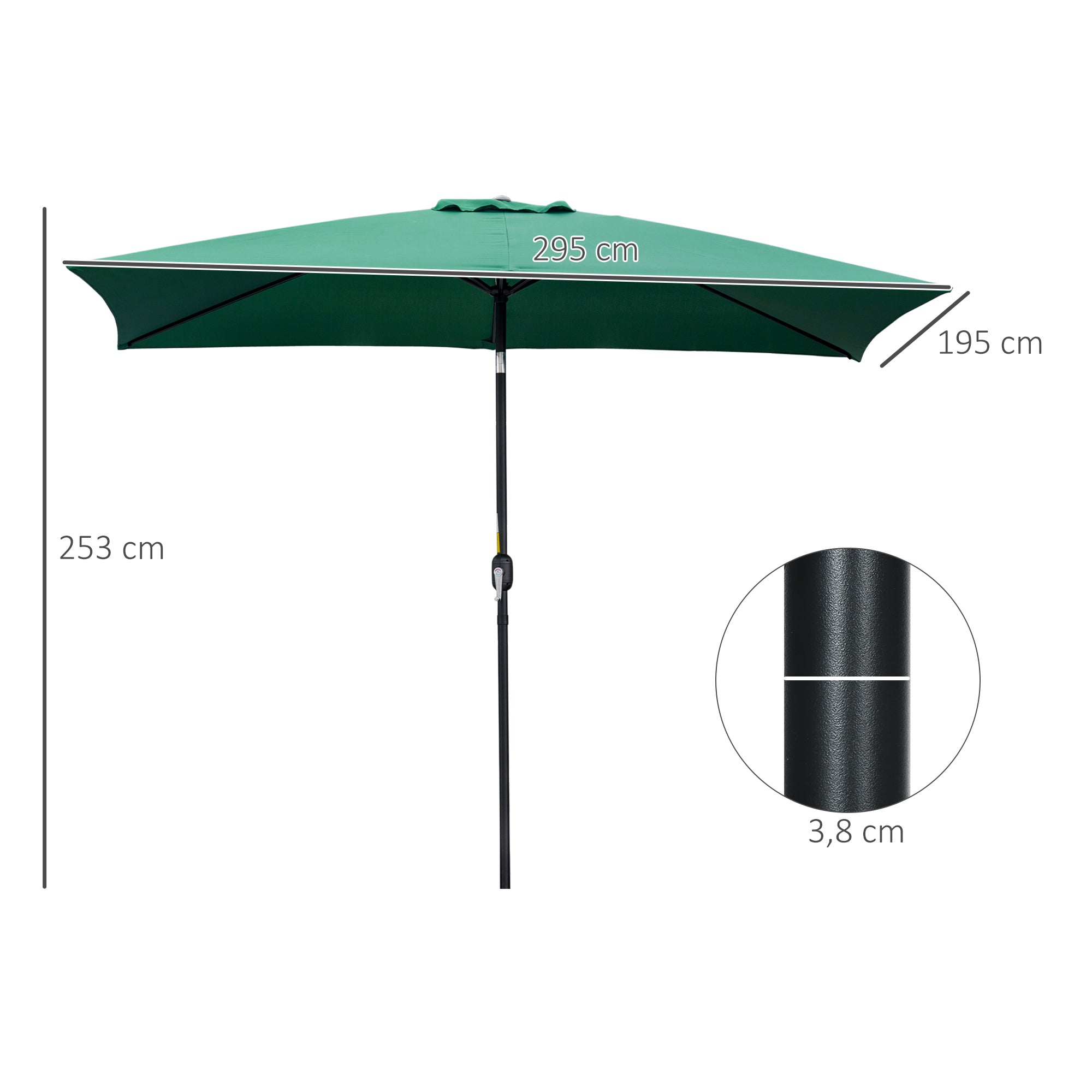 Aluminum Umbrella 195x295x253 cm Rectangular Garden Parasol with Crank and Detachable Pole for Terrace Pool Patio Outdoor Green