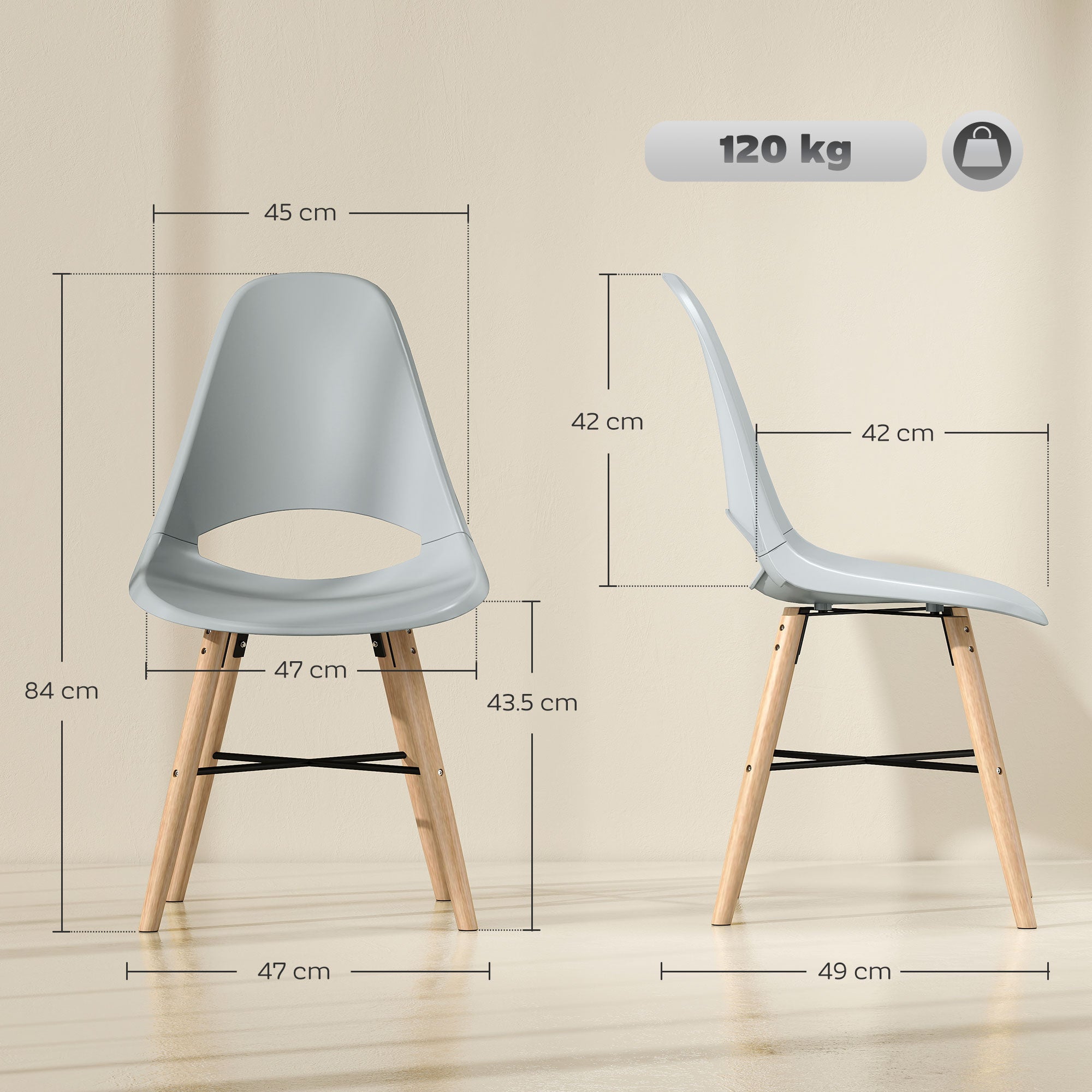 Set of 2 Dining Room Chairs, Modern Kitchen Chairs with Cut-Out Backrest Design and Rubber Wood Legs, Plastic Chairs for Kitchen, Bedroom, Office, and Living Room, Gray