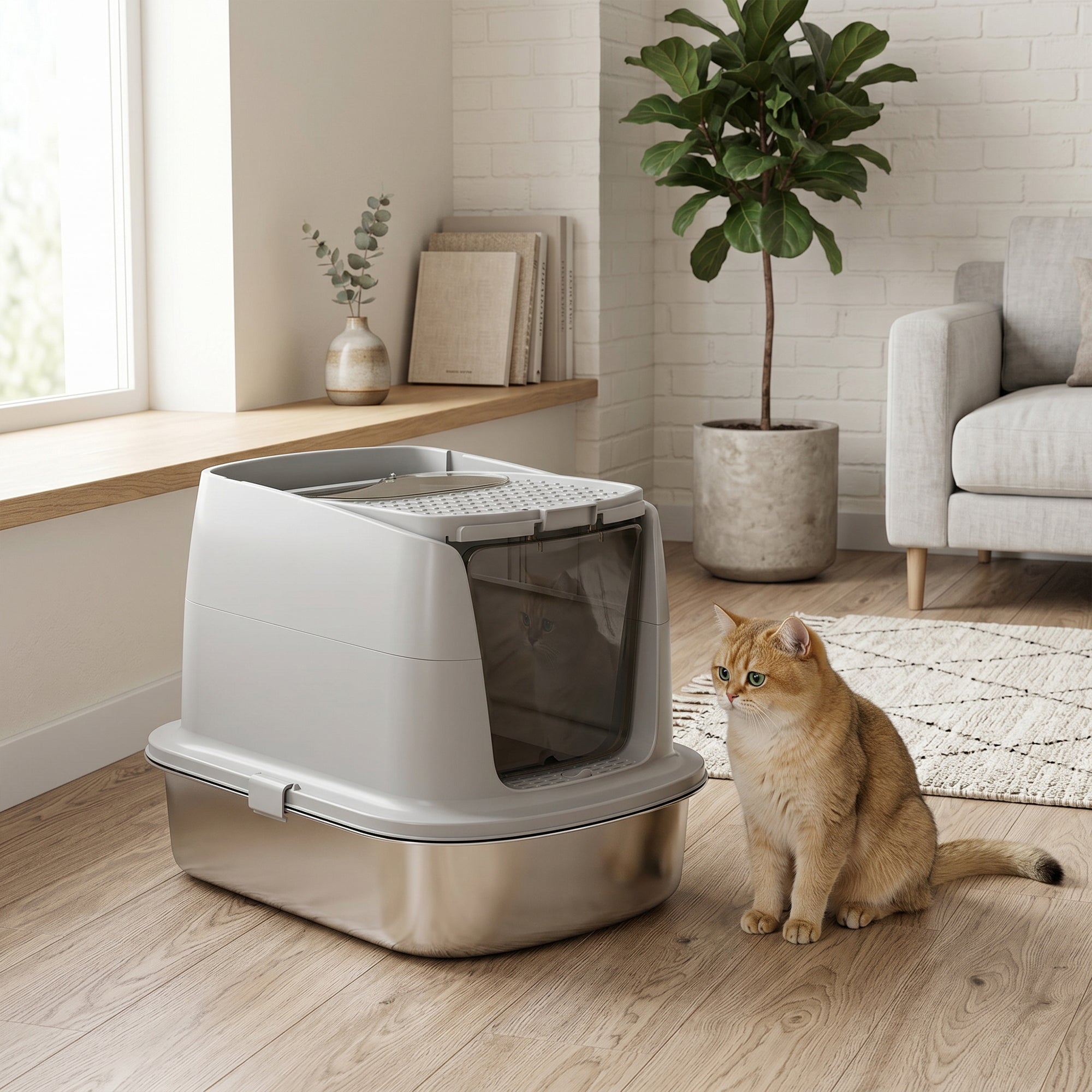 Covered Stainless Steel Cat Litter Box with Flip-Top Lid, Dual Entry, Scoop, High Walls, Leak-Resistant, Odor-Control, Easy to Clean - Light Gray