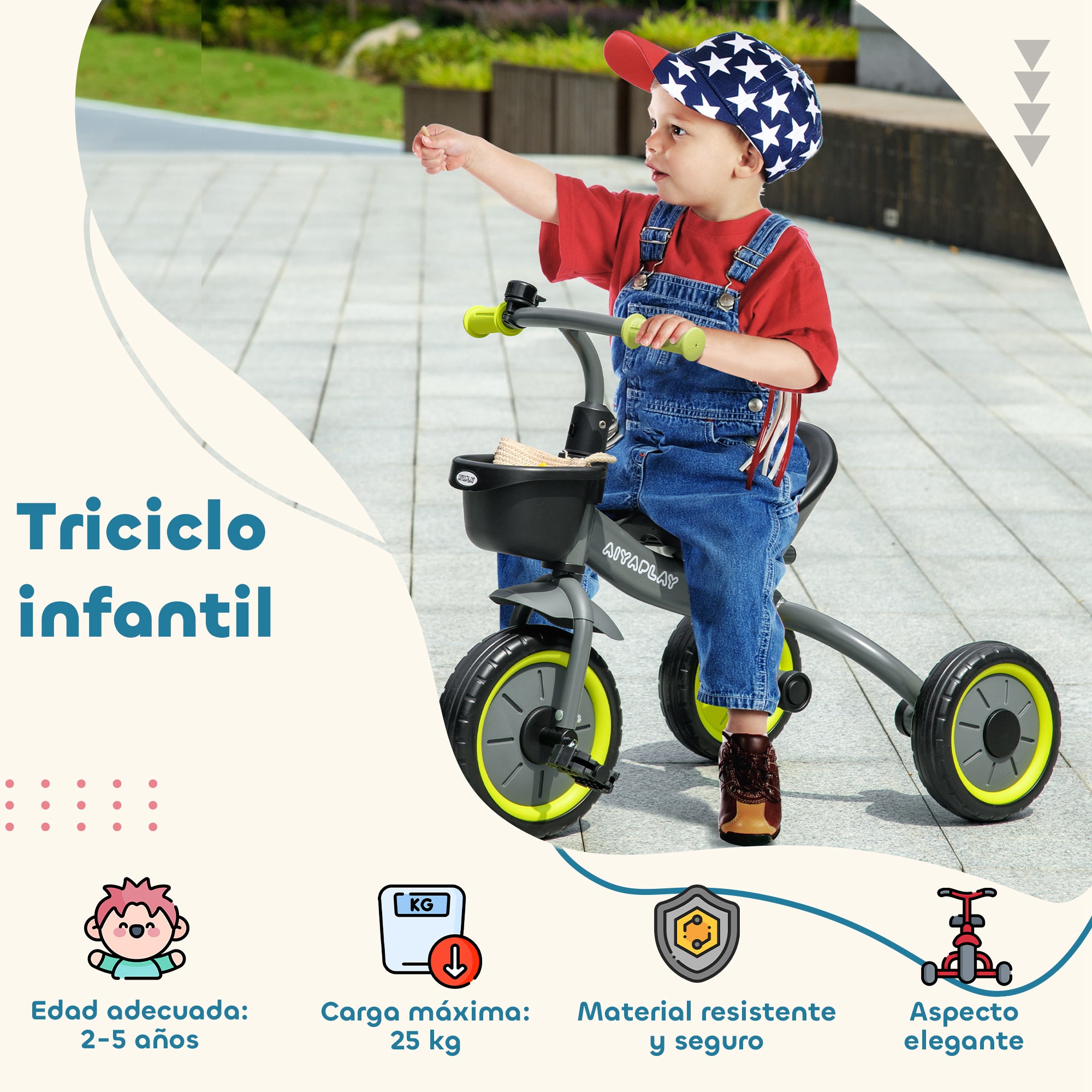 Kids Tricycle for 2-5 Years Old Children with Adjustable Seat Basket Bell Pedals and 3 Wheels Load 25 kg 70.5x53x58 cm Gray and Green