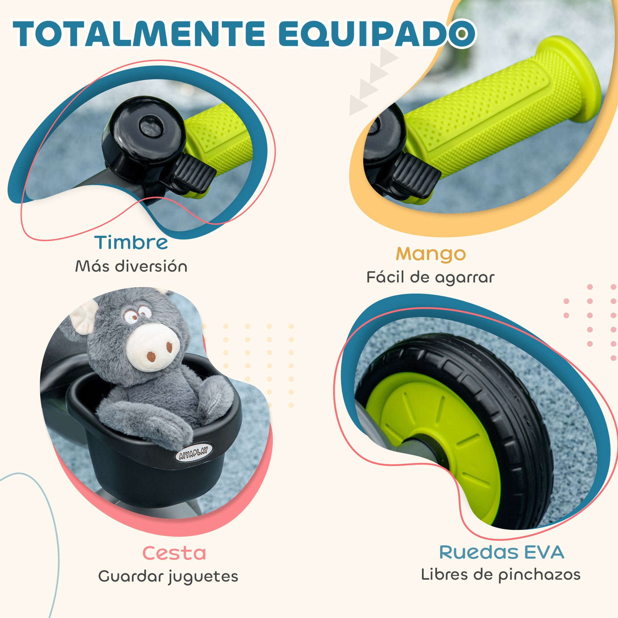 Kids Tricycle for 2-5 Years Old Children with Adjustable Seat Basket Bell Pedals and 3 Wheels Load 25 kg 70.5x53x58 cm Gray and Green