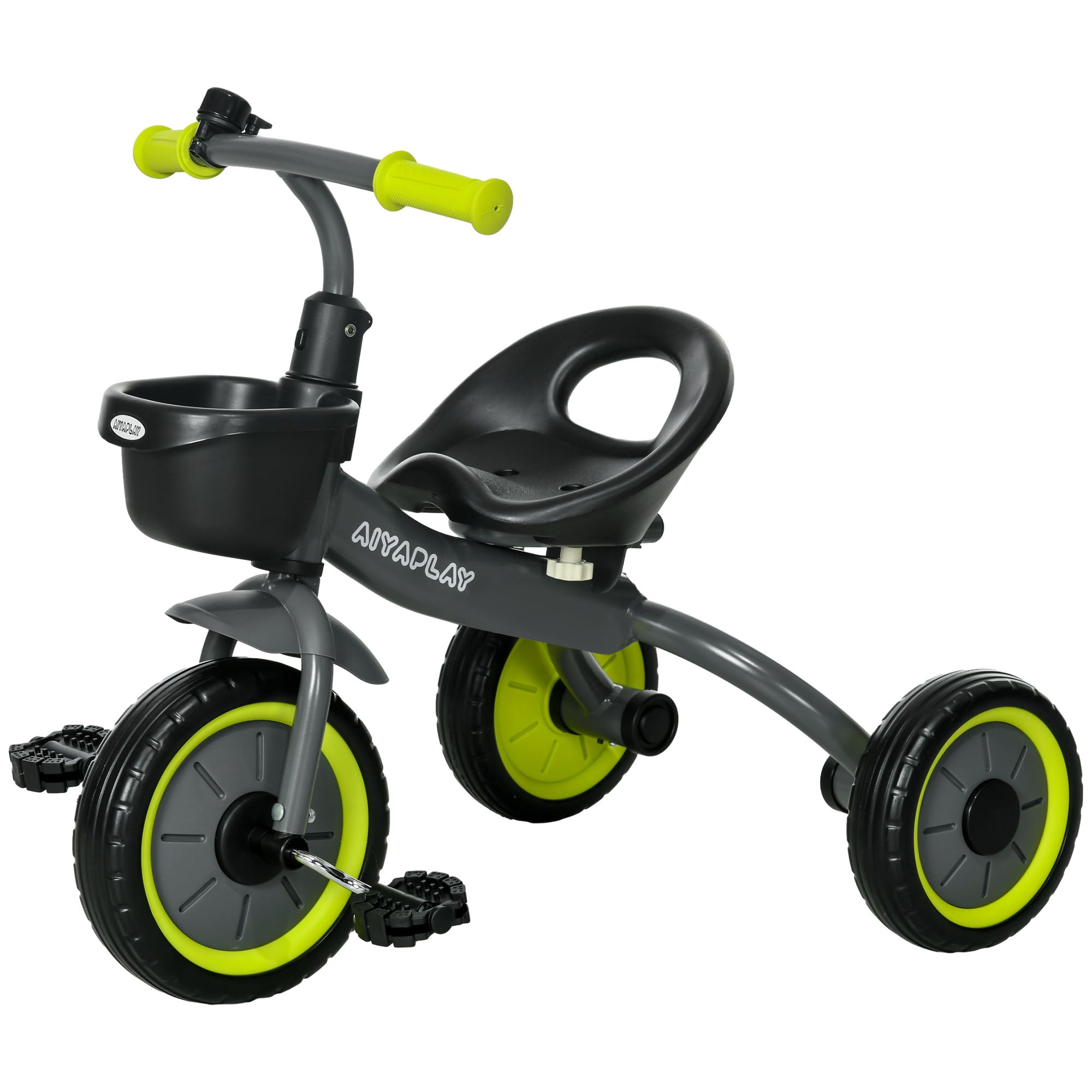 Kids Tricycle for 2-5 Years Old Children with Adjustable Seat Basket Bell Pedals and 3 Wheels Load 25 kg 70.5x53x58 cm Gray and Green