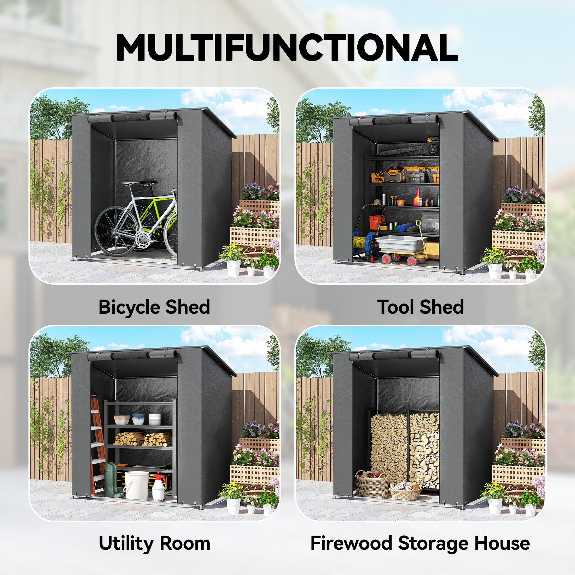 Waterproof Garden Storage Shelter 1.87 x 1.20 m (6.1 x 3.9 ft) – Sloped Roof, Roll-Up Zip Door, Vent, Reinforced Metal Frame, UV Resistant – Dark Gray