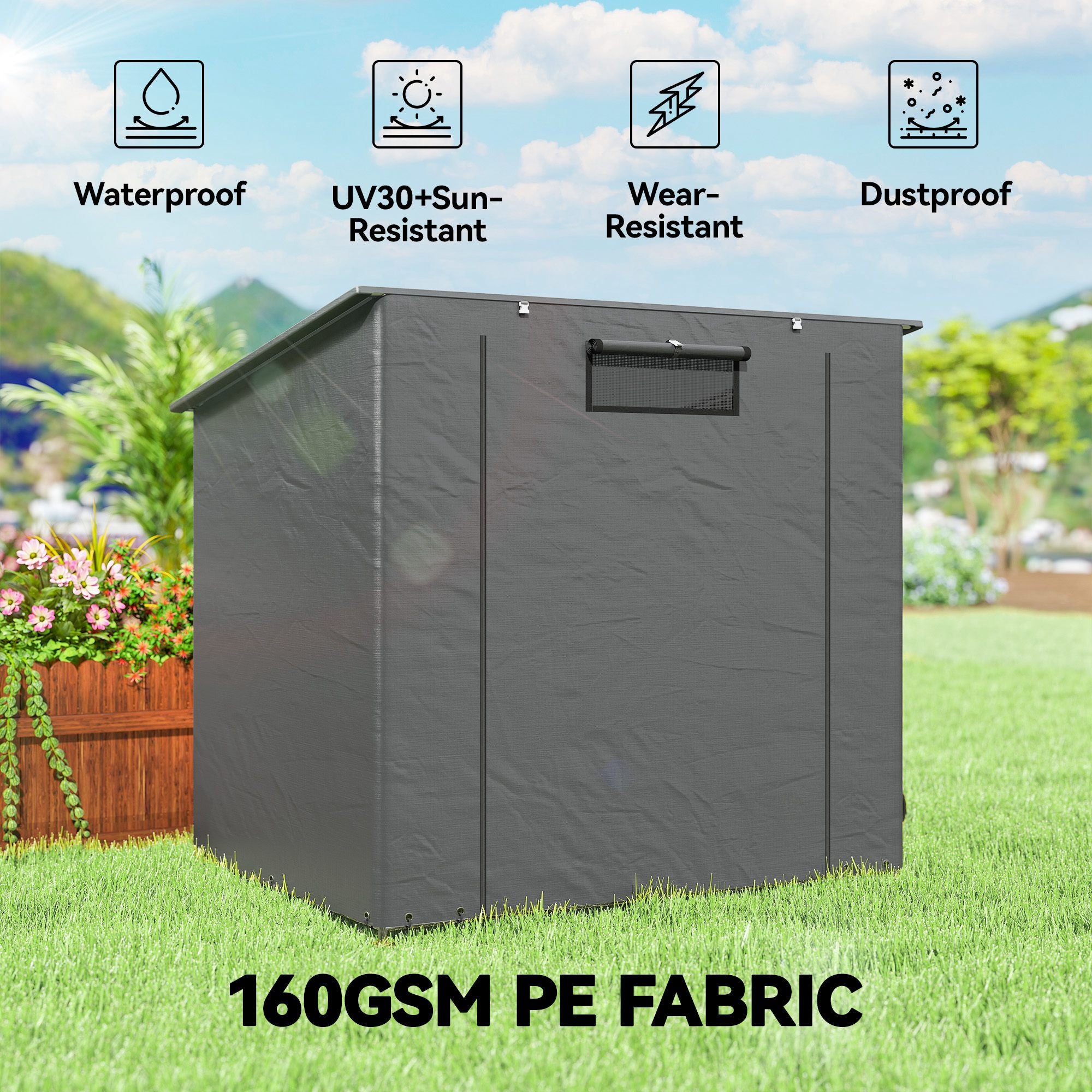 Waterproof Garden Storage Shelter 1.87 x 1.20 m (6.1 x 3.9 ft) – Sloped Roof, Roll-Up Zip Door, Vent, Reinforced Metal Frame, UV Resistant – Dark Gray