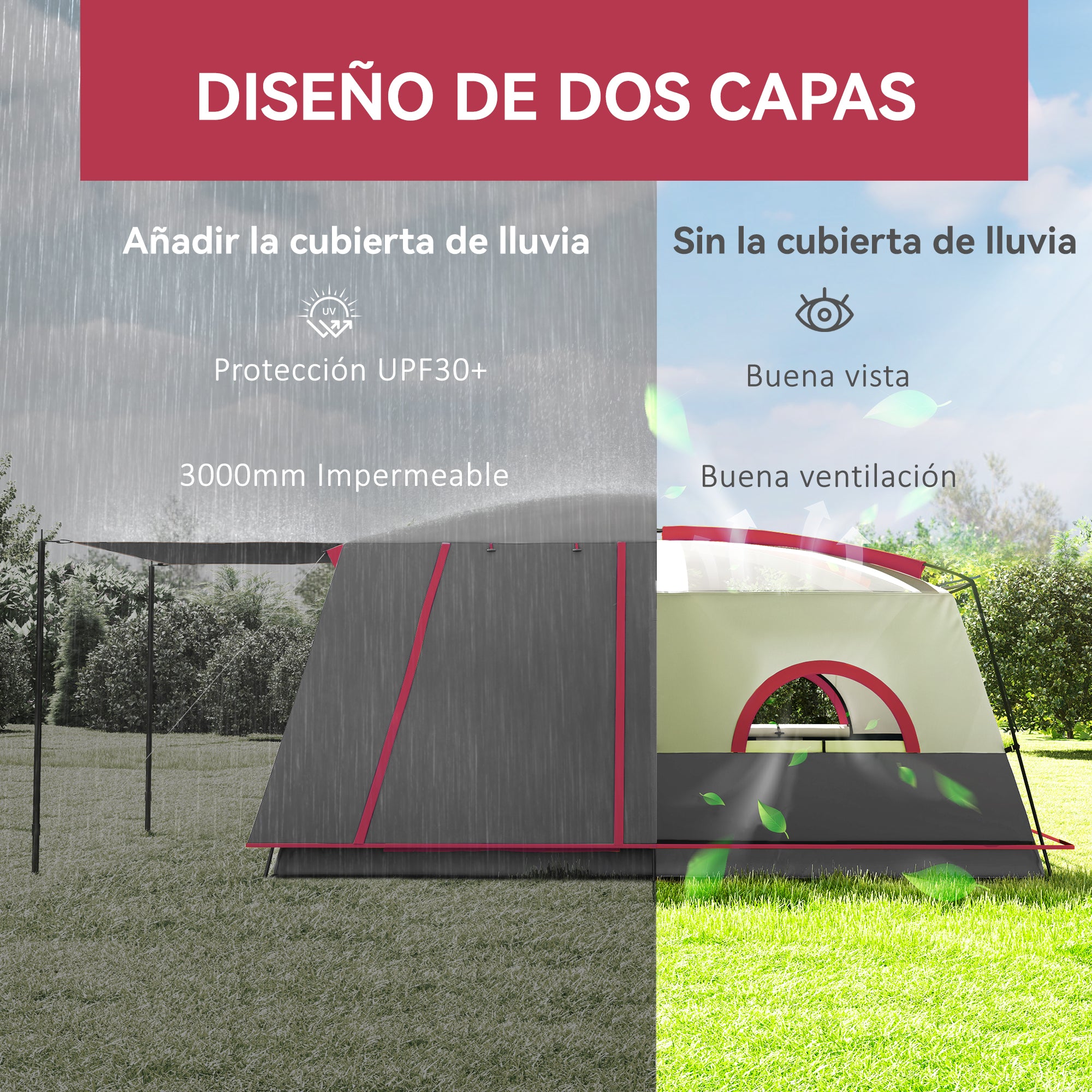 Family Tent for 4-6 People Tunnel Tent with 2 Sleeping Areas Awning Waterproof 3000 mm UV Protection for Fishing Hiking Red