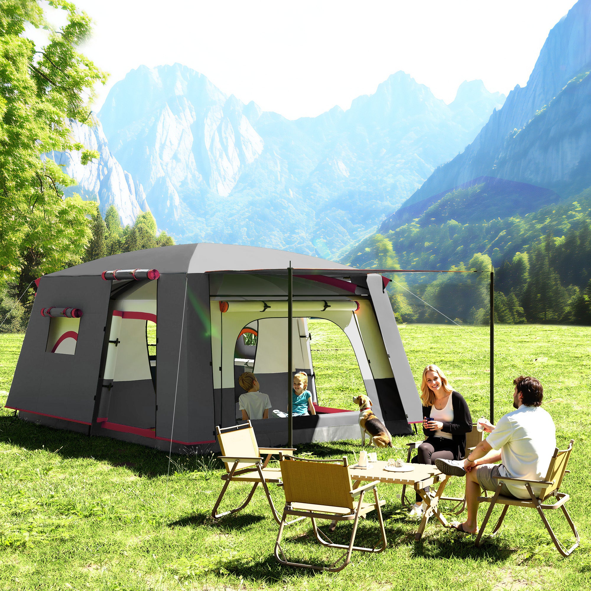 Family Tent for 4-6 People Tunnel Tent with 2 Sleeping Areas Awning Waterproof 3000 mm UV Protection for Fishing Hiking Red