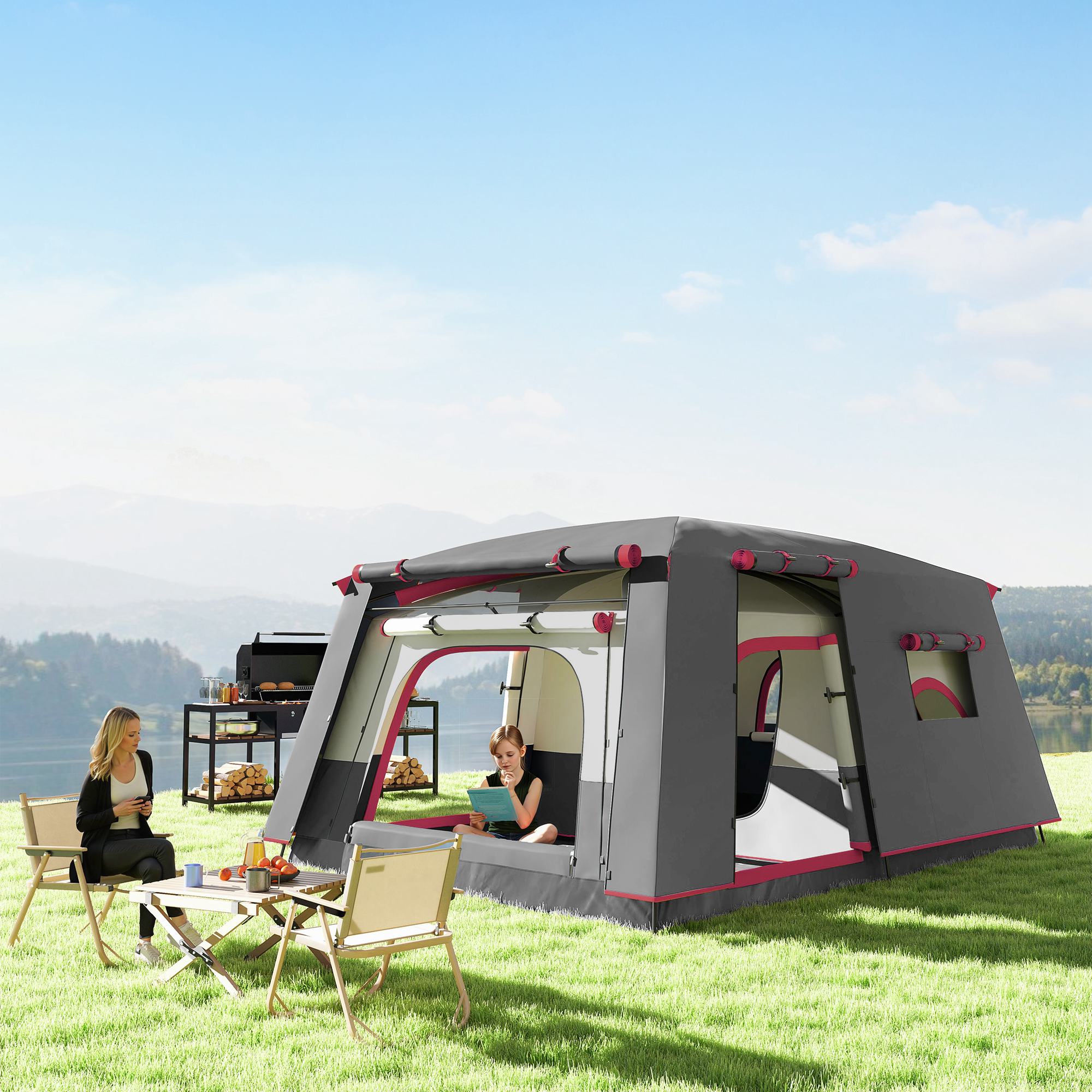 Family Tent for 4-6 People Tunnel Tent with 2 Sleeping Areas Awning Waterproof 3000 mm UV Protection for Fishing Hiking Red