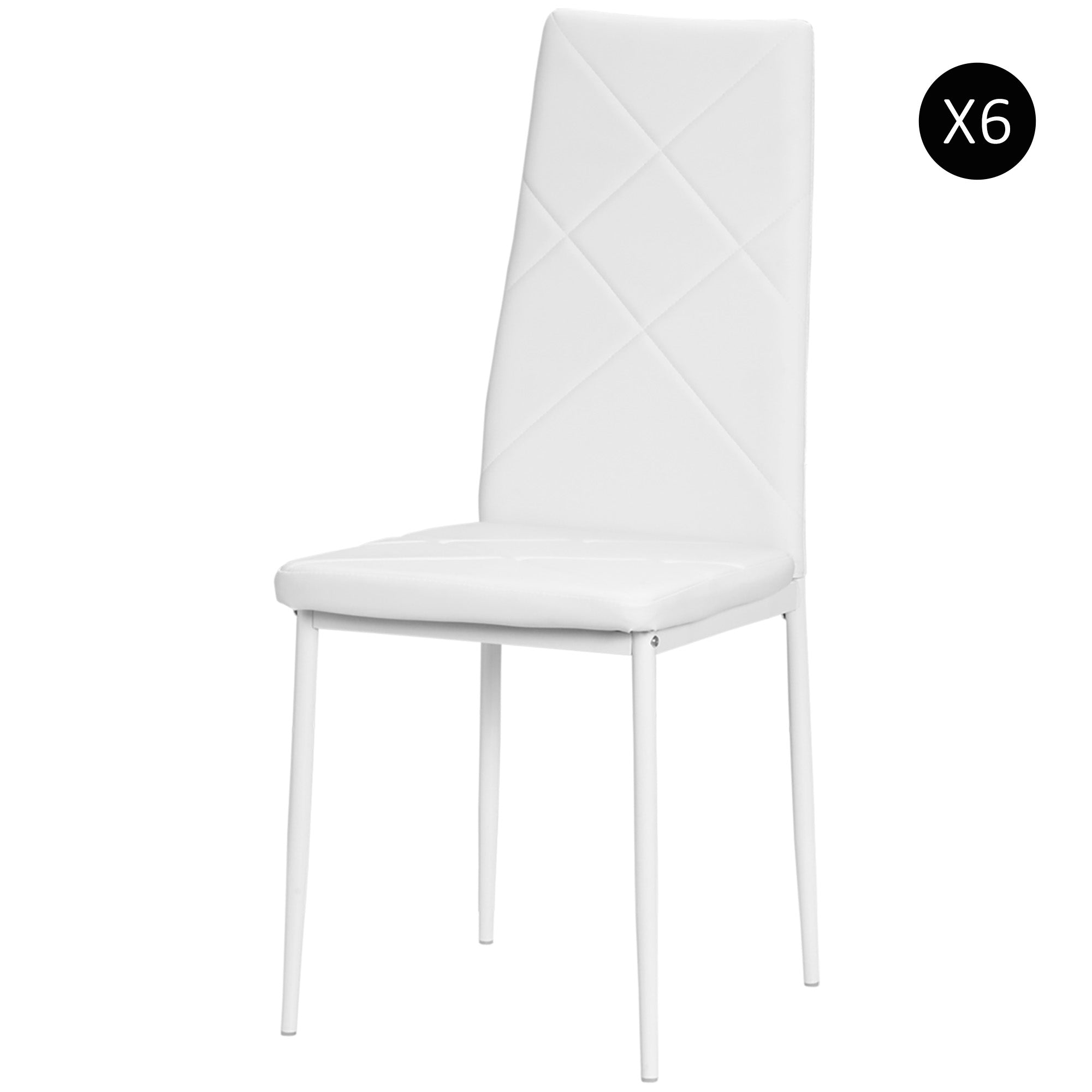 Set of 6 Upholstered High Back Dining Chairs, Kitchen Chairs in Faux Leather Diamond Stitching with Non-Slip Feet and Steel Legs for Dining Room, 41x50x97 cm, White
