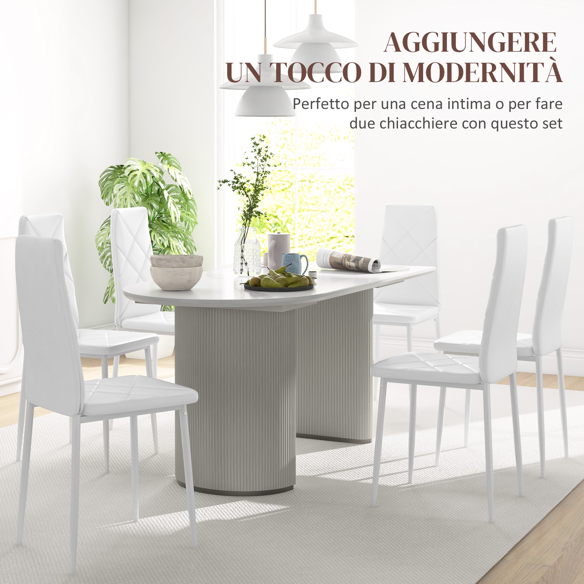 Set of 6 Upholstered High Back Dining Chairs, Kitchen Chairs in Faux Leather Diamond Stitching with Non-Slip Feet and Steel Legs for Dining Room, 41x50x97 cm, White