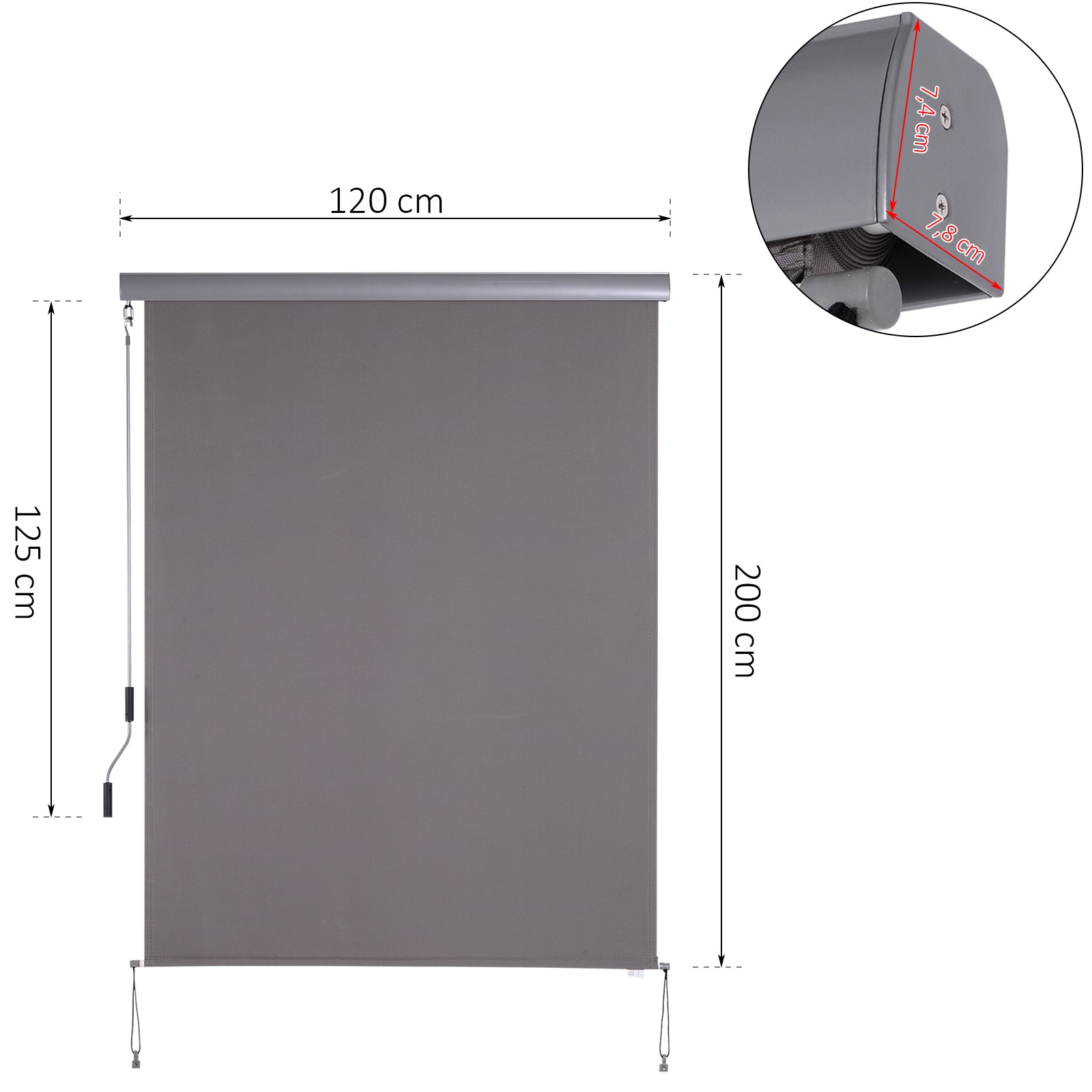 Vertical Awning Balcony Awning Vertical Sunshade Windshield Side Screen with Hand Crank Polyester Fabric + Aluminum Gray 200 x 120 cm