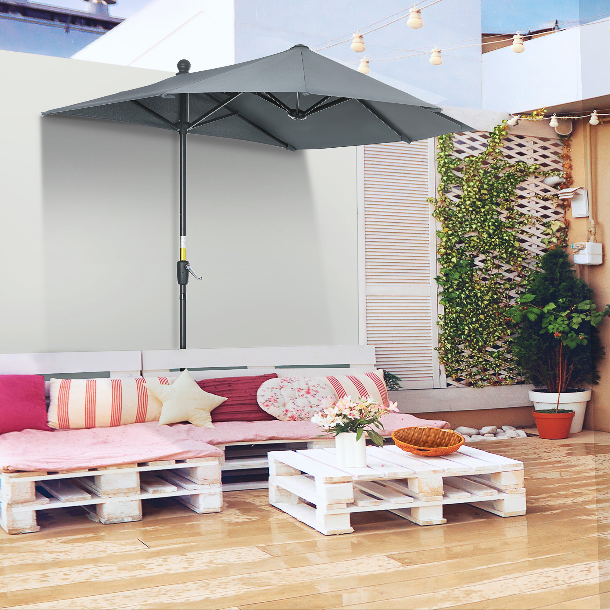 Garden Wall Umbrella 200x190x240 cm Terrace Parasol with Crank Steel Pole and Cross Base Anti-UV for Terrace Balcony Gray