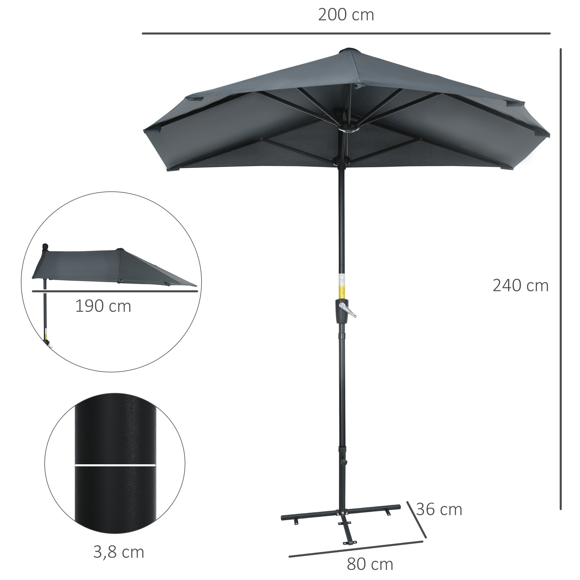 Garden Wall Umbrella 200x190x240 cm Terrace Parasol with Crank Steel Pole and Cross Base Anti-UV for Terrace Balcony Gray