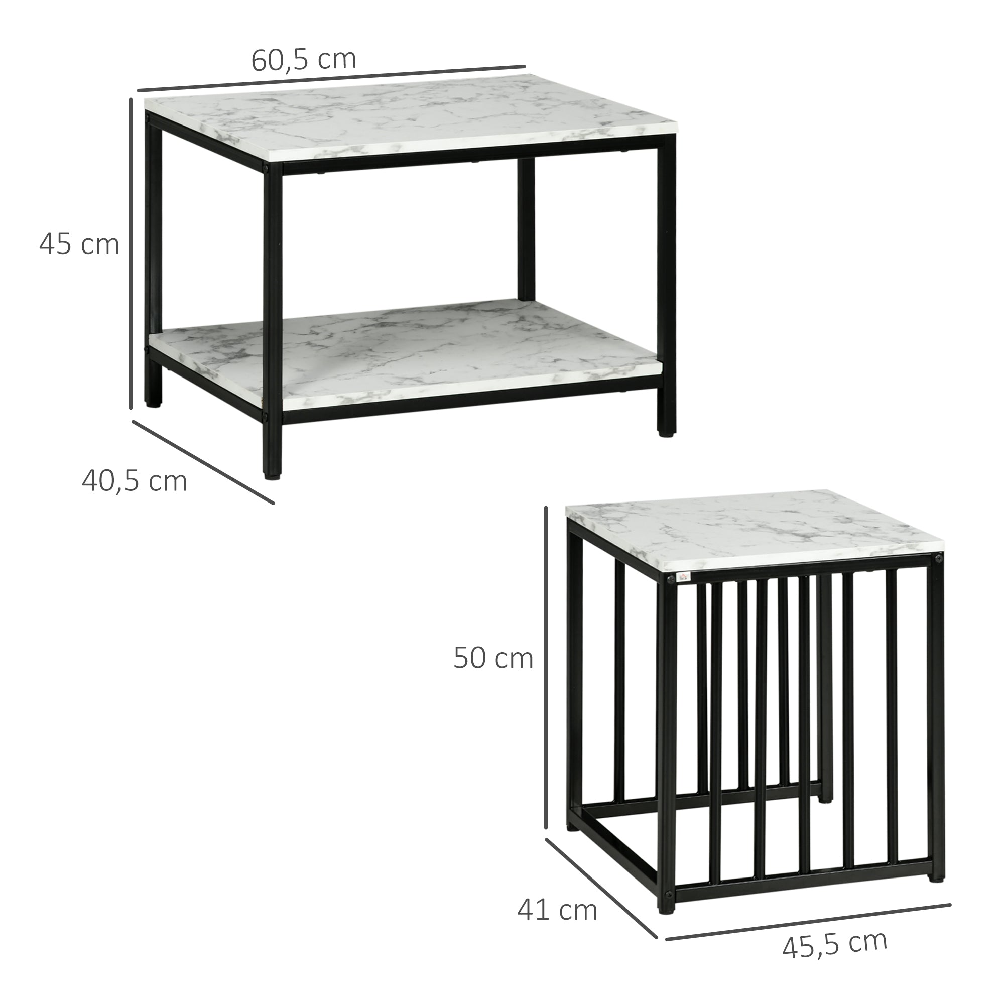 Set of 2 nested side tables low stackable tables with marble-effect wood top and black metal frame