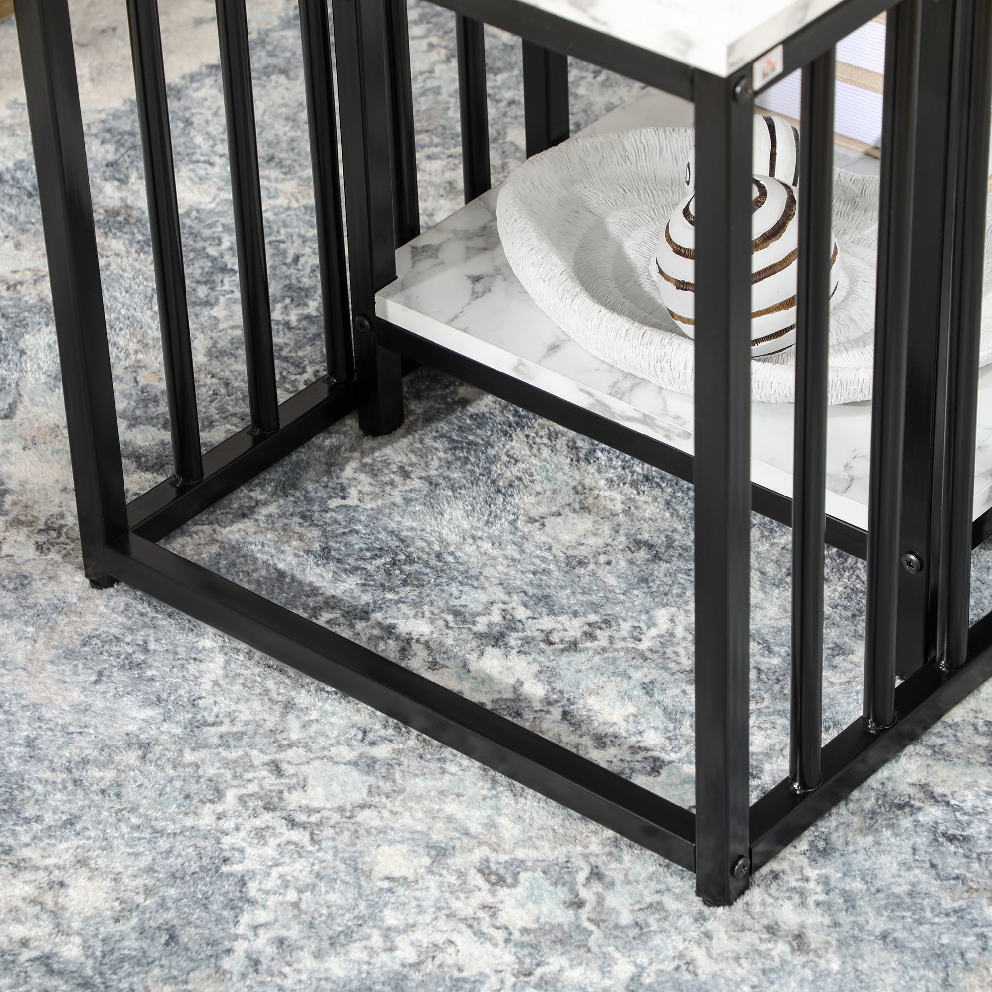 Set of 2 nested side tables low stackable tables with marble-effect wood top and black metal frame