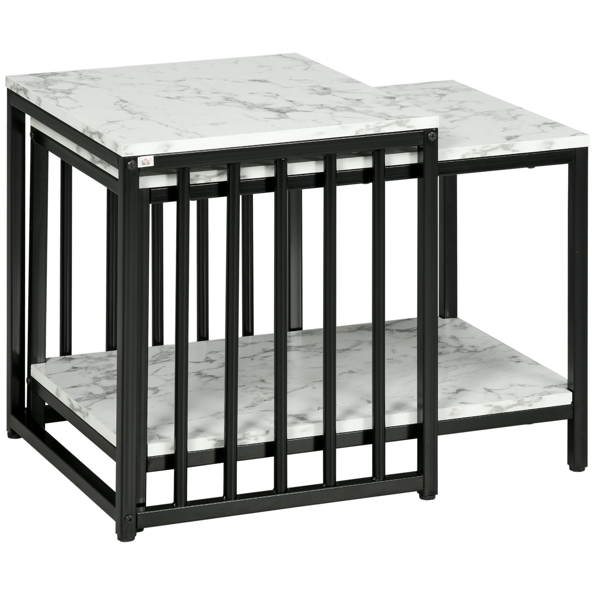 Set of 2 nested side tables low stackable tables with marble-effect wood top and black metal frame