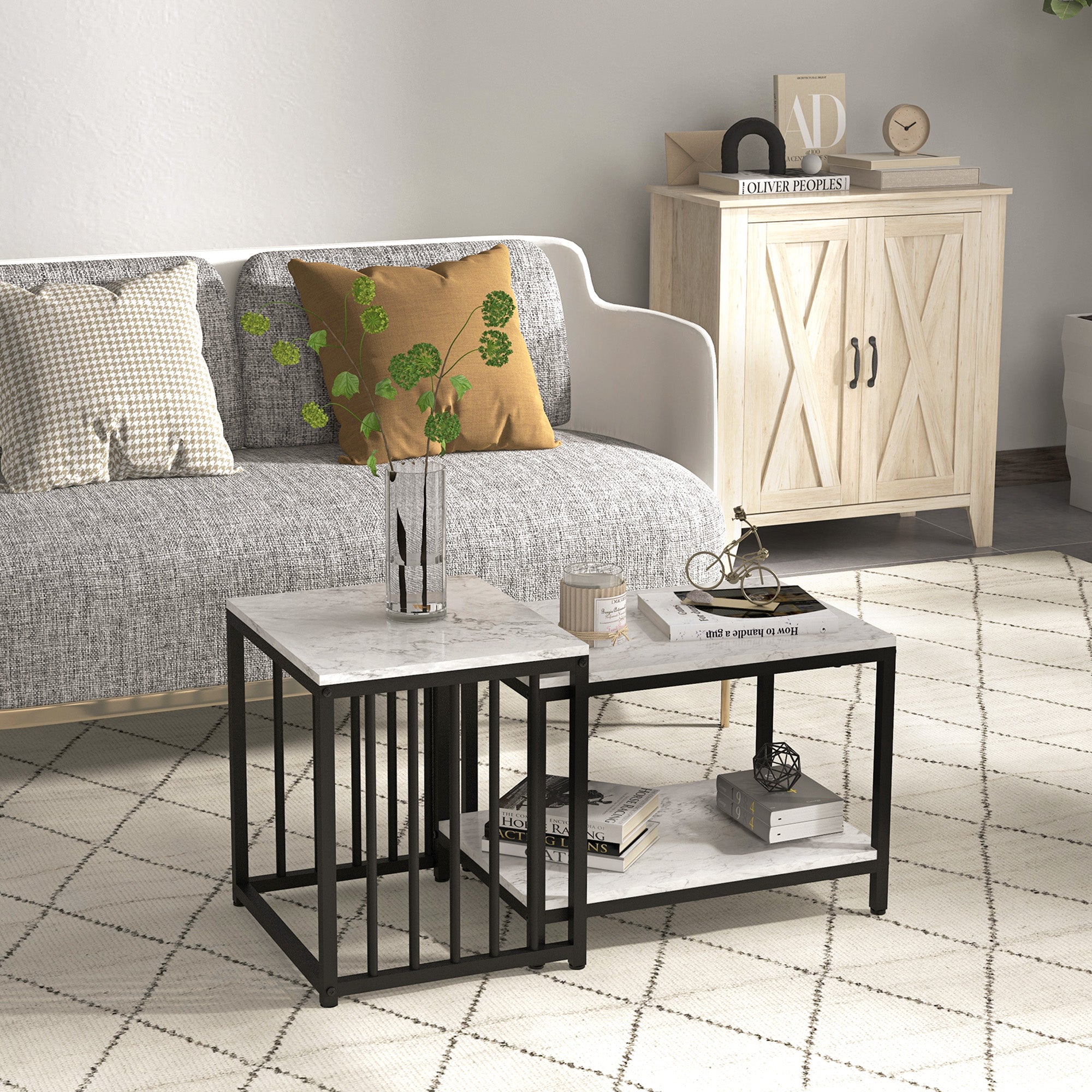 Set of 2 nested side tables low stackable tables with marble-effect wood top and black metal frame