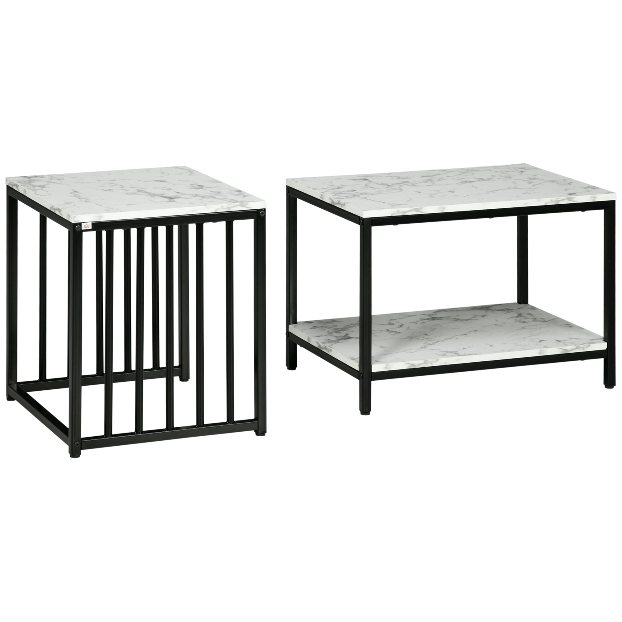Set of 2 nested side tables low stackable tables with marble-effect wood top and black metal frame