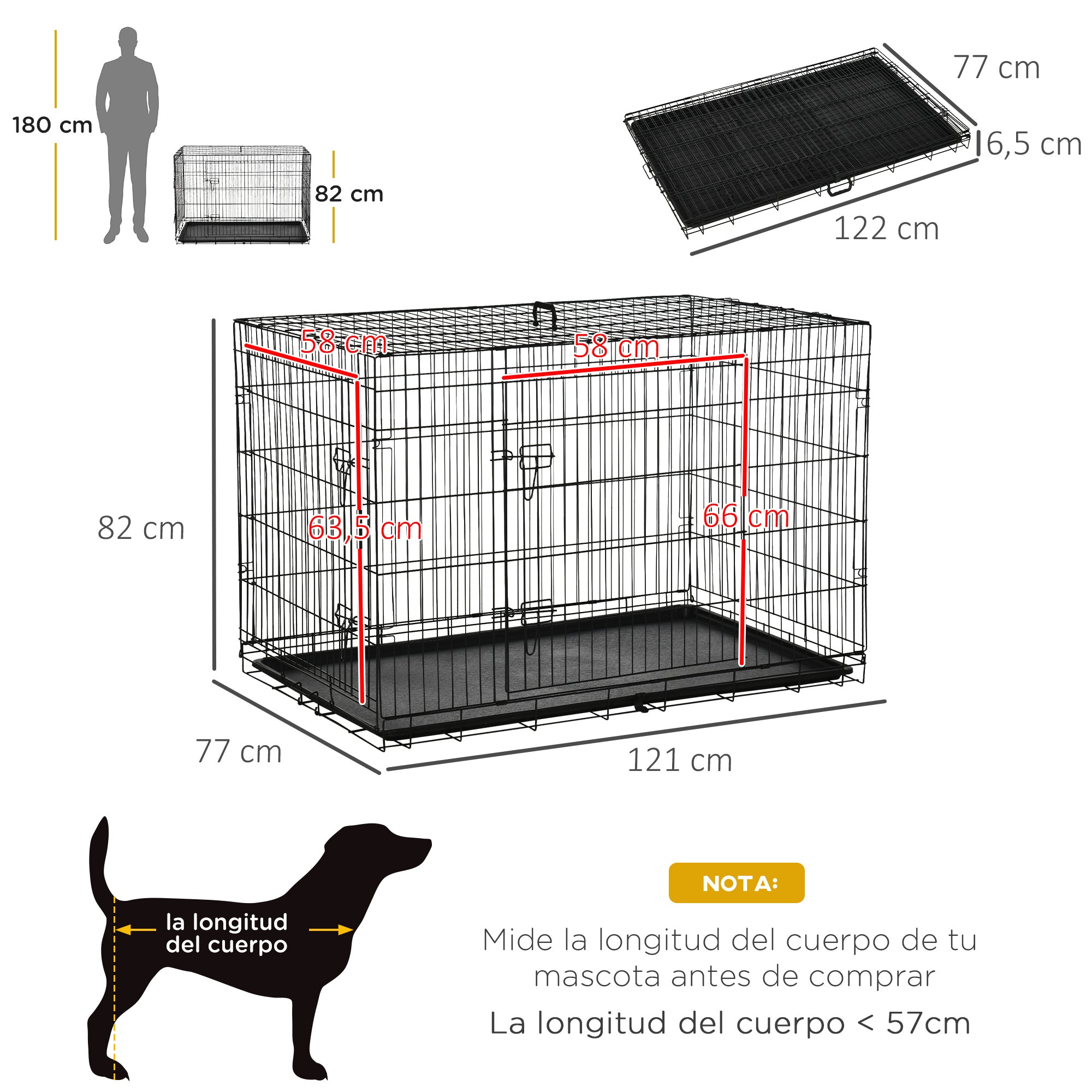 Foldable Dog Cage Dog Carrier with 2 Doors Removable Tray and Transport Handle 121x77x82 cm Black