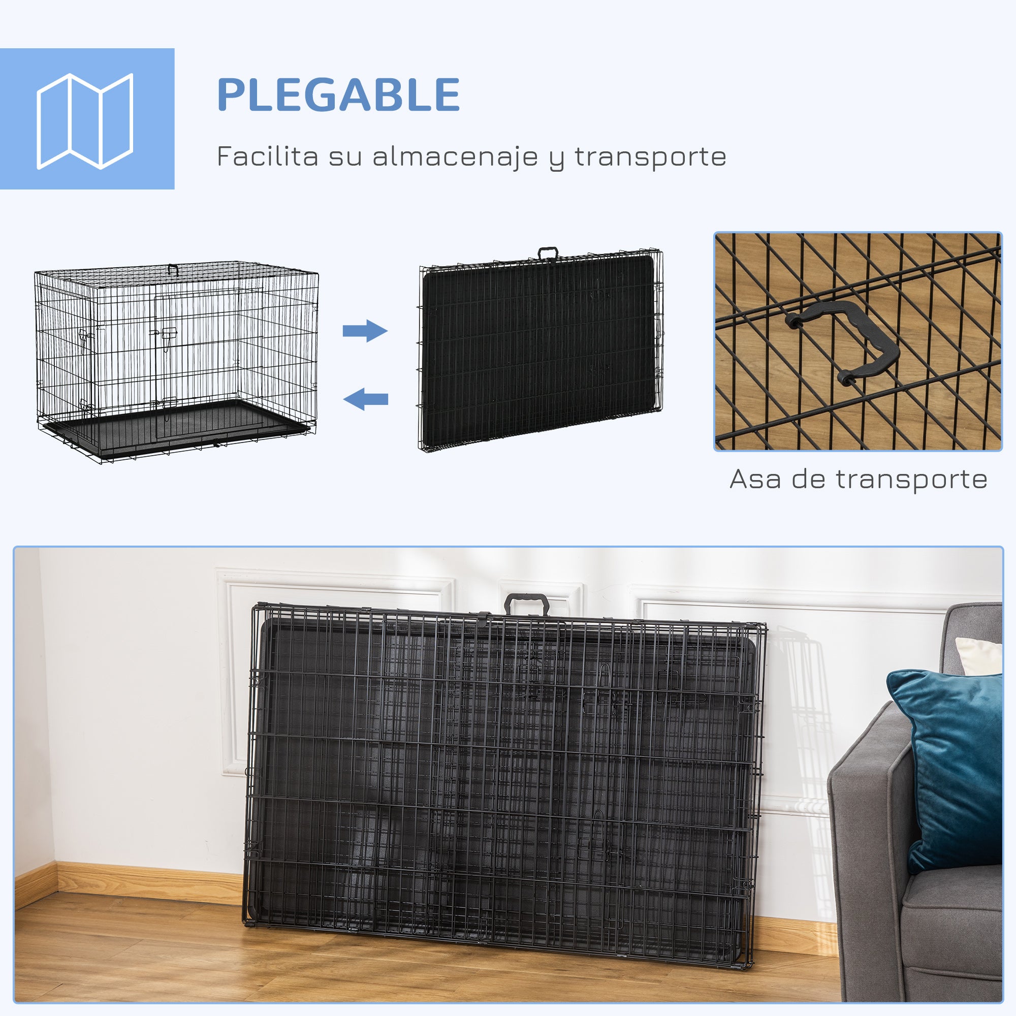 Foldable Dog Cage Dog Carrier with 2 Doors Removable Tray and Transport Handle 121x77x82 cm Black