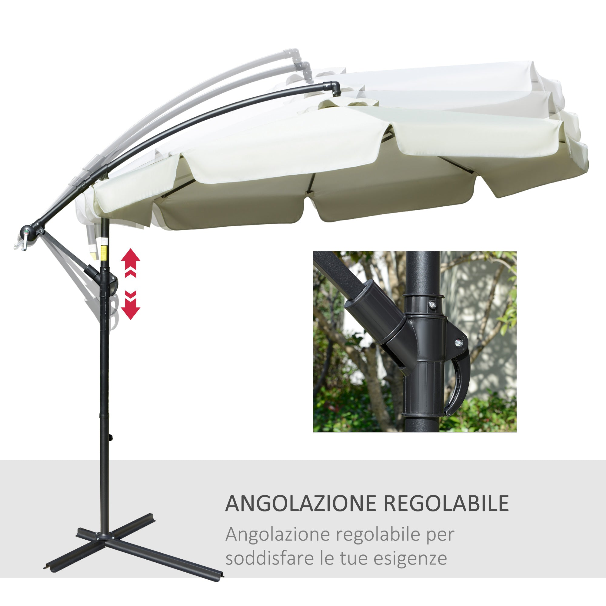 Cantilever Umbrella 2.7x2.7m with Adjustable Roof, Cross Base, Air Vents, Crank, Inclining Garden Umbrella in Metal and Polyester, for Patio Terrace, Beige