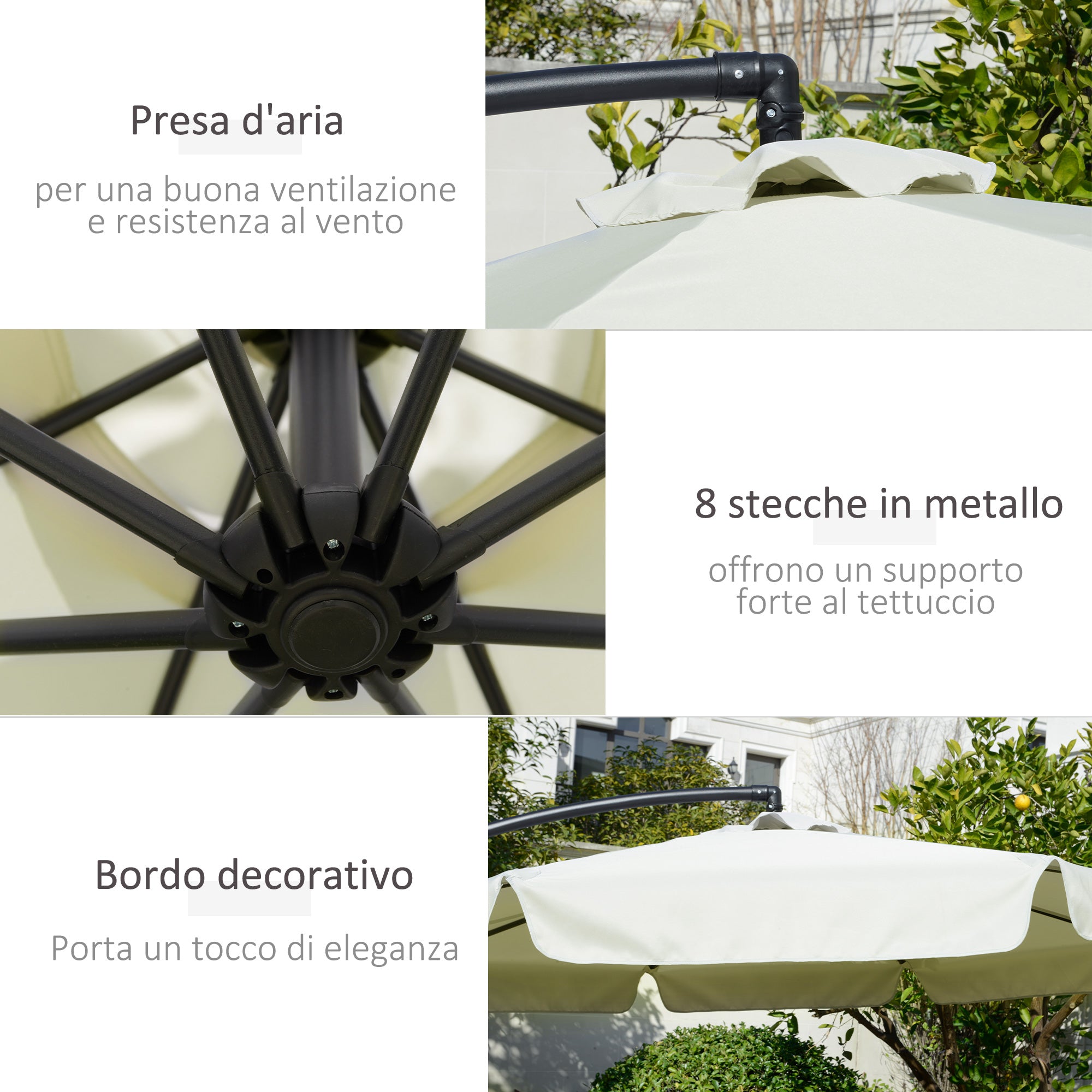 Cantilever Umbrella 2.7x2.7m with Adjustable Roof, Cross Base, Air Vents, Crank, Inclining Garden Umbrella in Metal and Polyester, for Patio Terrace, Beige