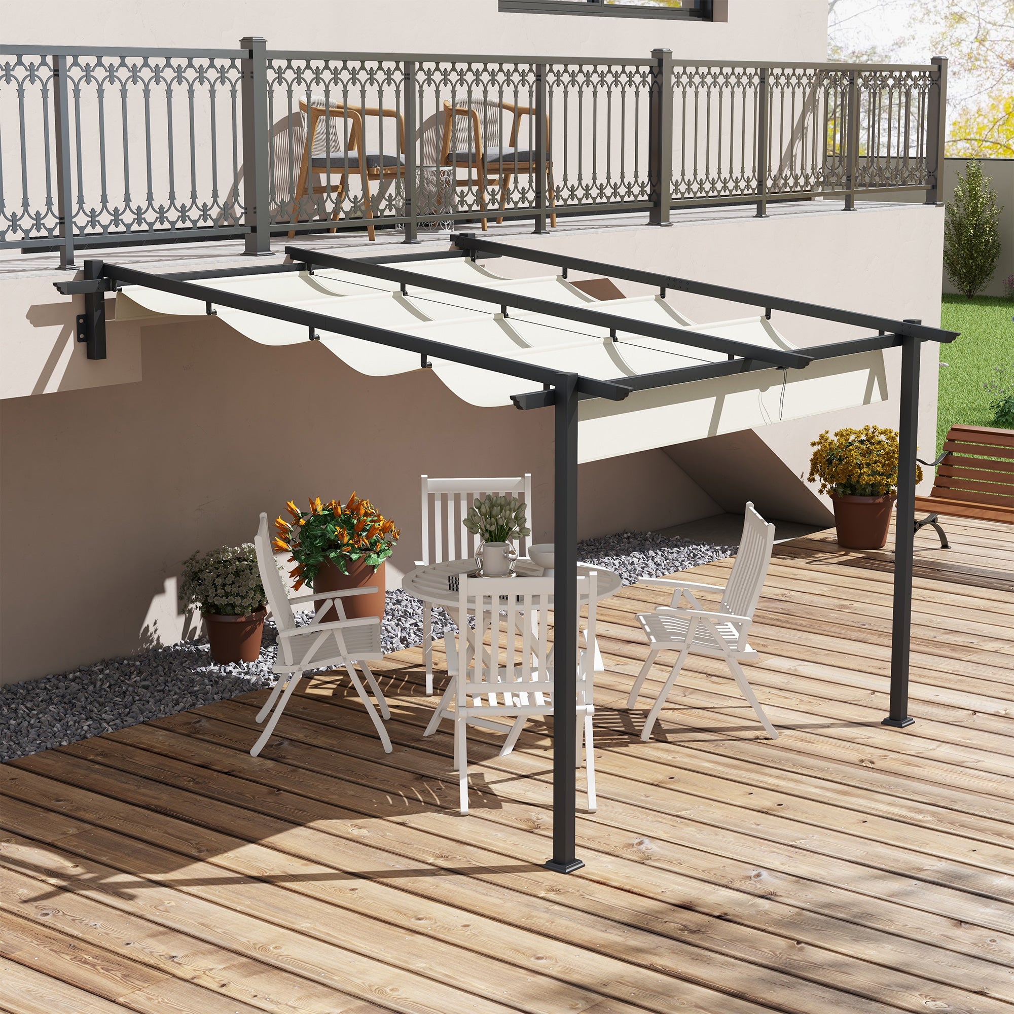 Patio Pergola approx. 3x3m Garden Pavilion made of Aluminum, Wall-Mounted Garden Pavilion with Adjustable Roof, Sun Protection Patio Roof for Garden Terrace, Cream White