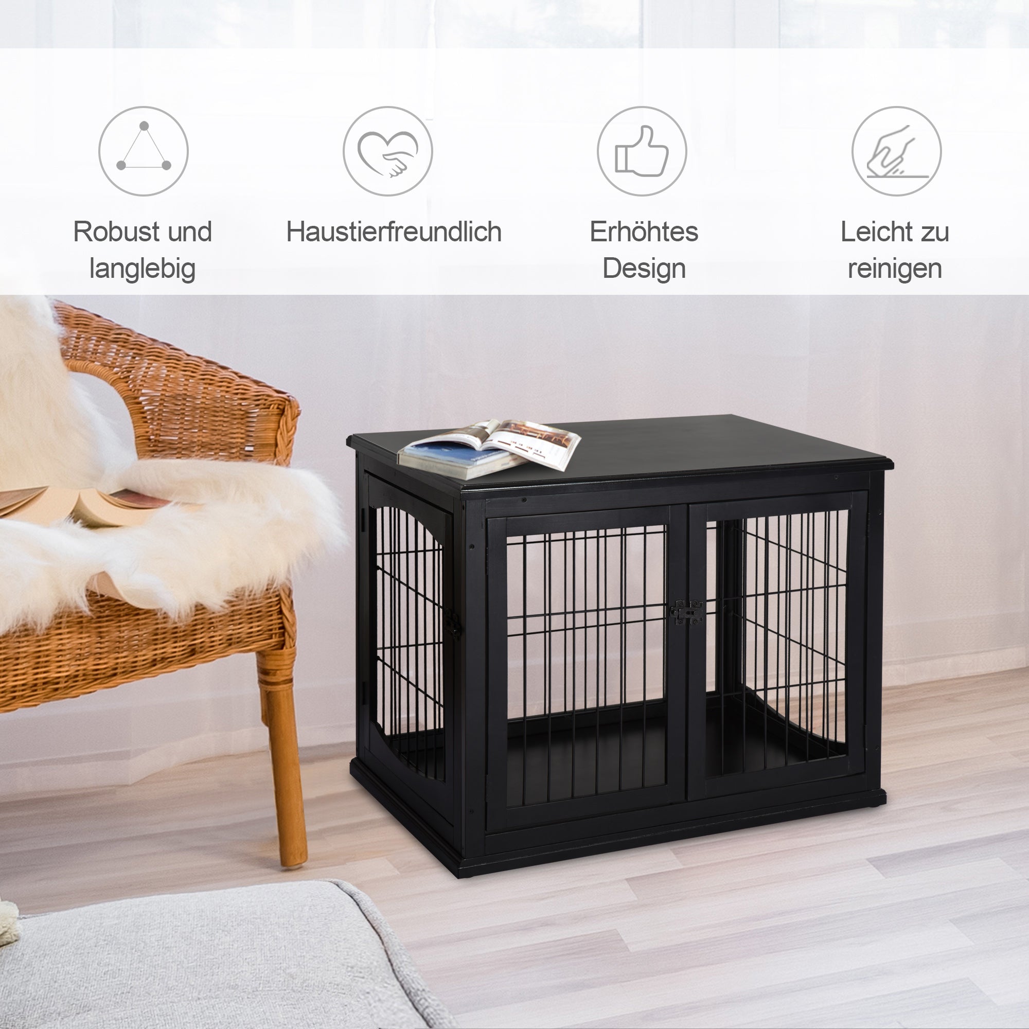 Home Dog Crate, Dog House with 2 Entrances, Lockable Dog Crate, Dog House for Small Dogs, Black, 58.5 x 81 x 66 cm