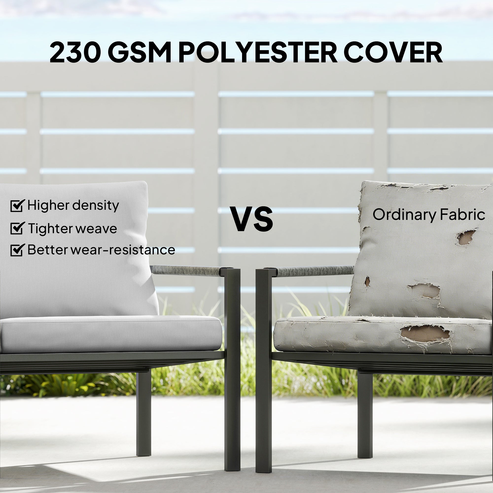 5-Piece Weather-Resistant Patio Set for 4 — 2-Seater Sofa, 2 Armchairs with Cushions, 2 Side Tables, Light Gray