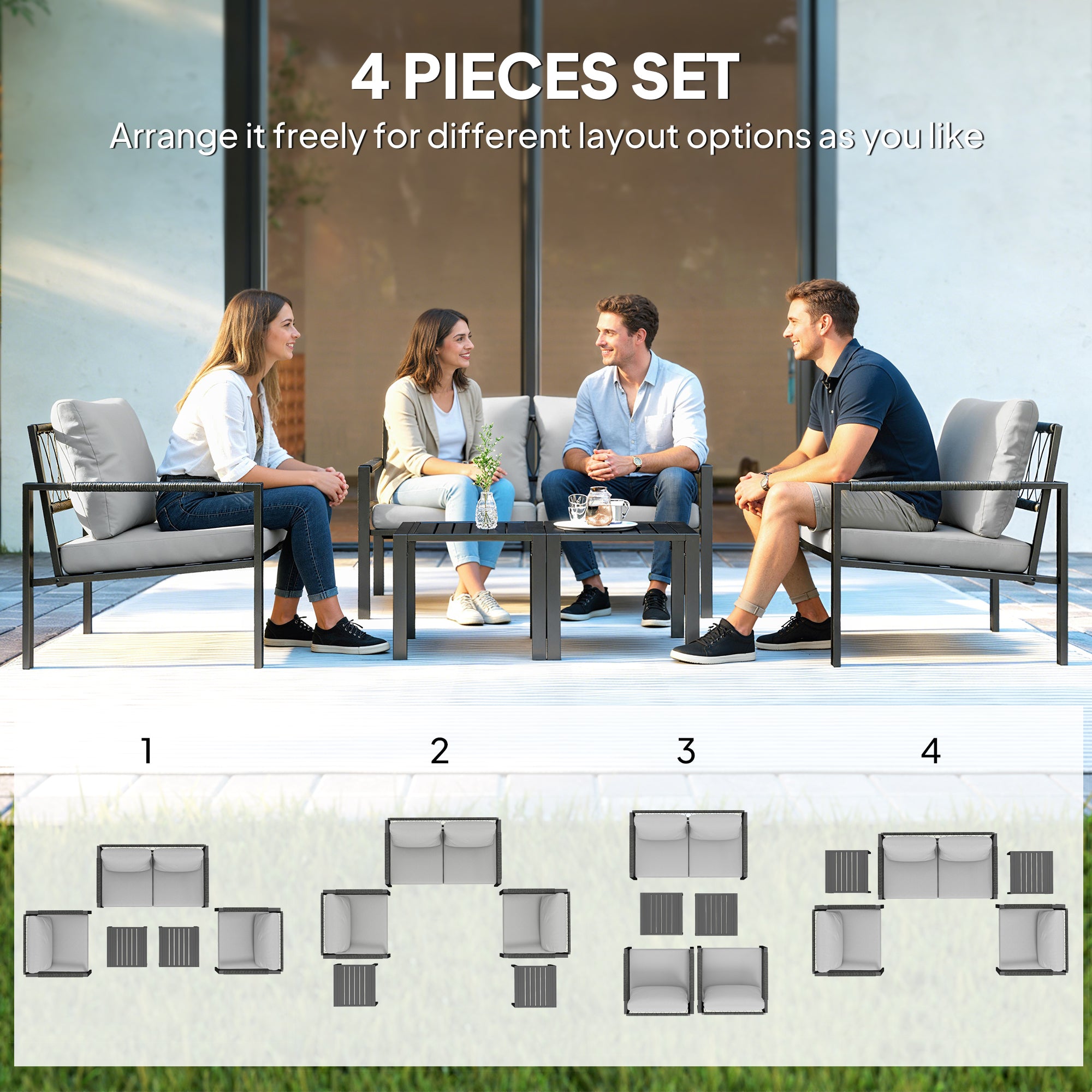 5-Piece Weather-Resistant Patio Set for 4 — 2-Seater Sofa, 2 Armchairs with Cushions, 2 Side Tables, Light Gray