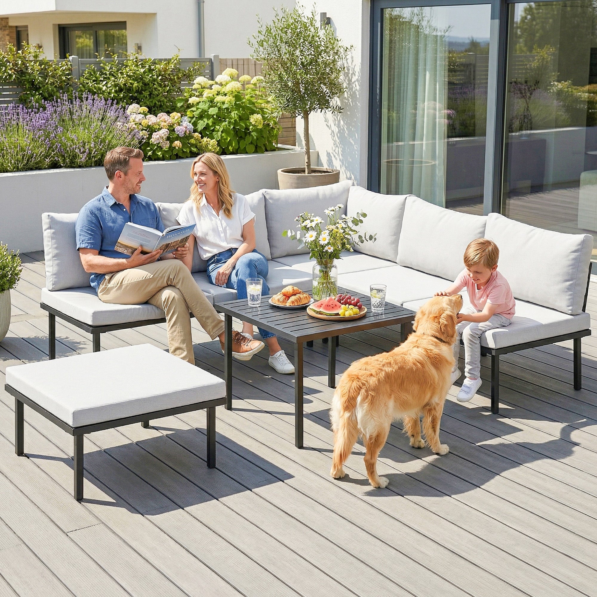 6-Piece Outdoor Lounge Set for 5–6 People — 2-Seat Sofa, Corner Chair, 2 Armless Chairs, Ottoman & Slatted Metal Coffee Table — Thick Cushions, Light Gray