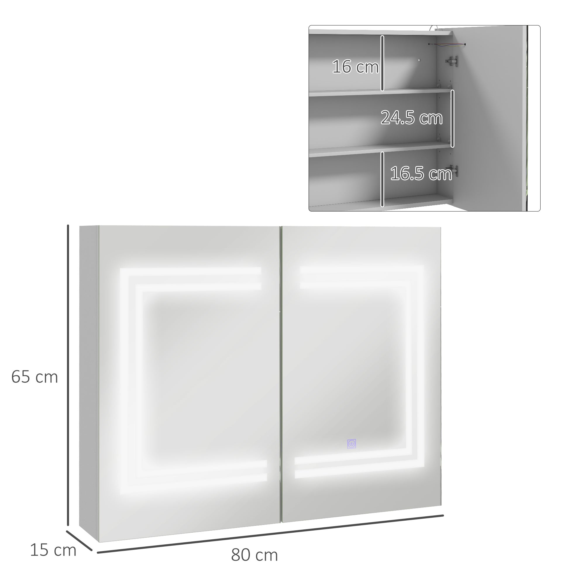 Bathroom Cabinet with Mirror and LED Light Hanging Bathroom Furniture with 2 Doors Adjustable Shelves Touch Switch and Adjustable Light Color 80x15x65 cm Bright White