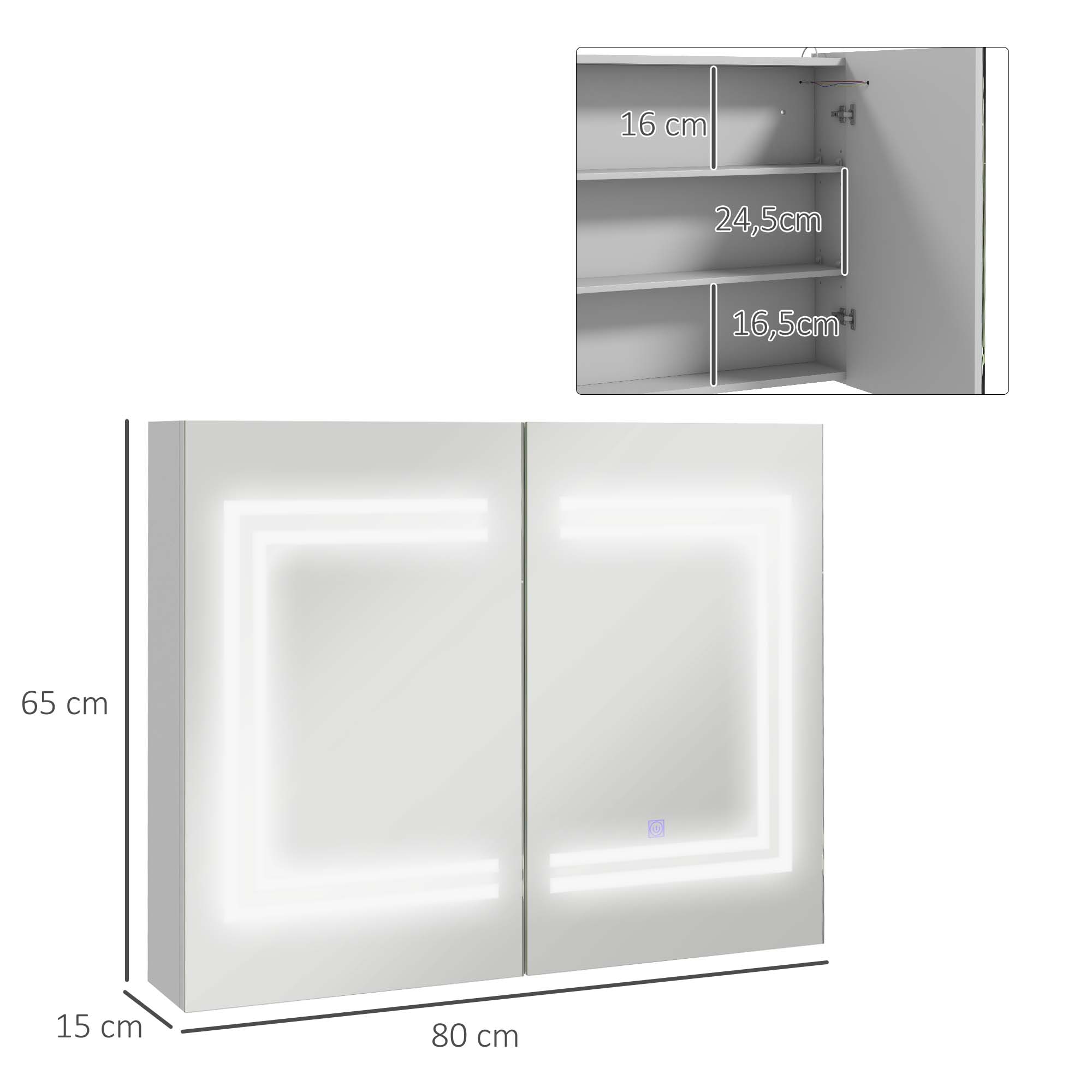 Bathroom Cabinet with Mirror and LED Light Hanging Bathroom Furniture with 2 Doors Adjustable Shelves Touch Switch and Adjustable Light Color 80x15x65 cm Bright White