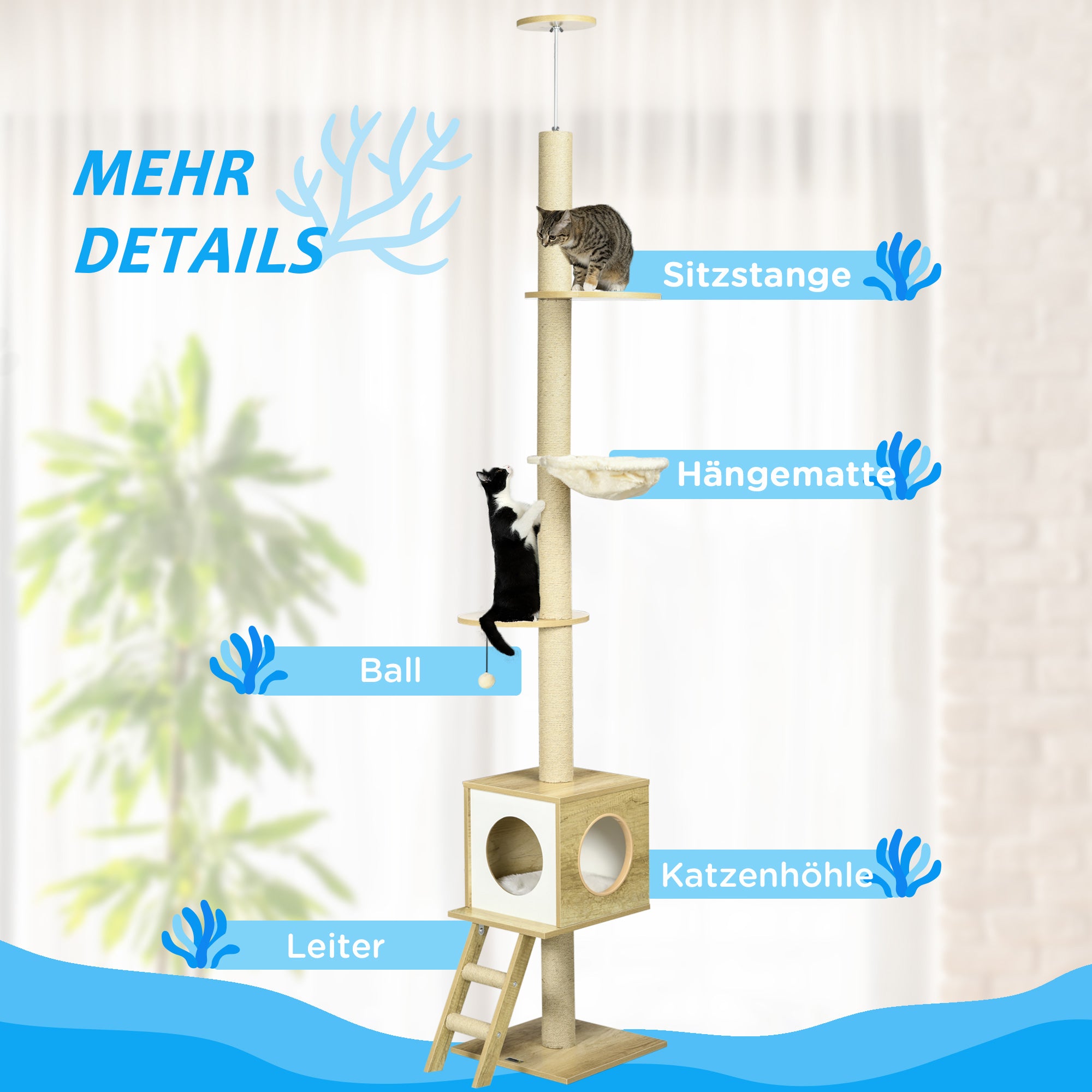 Cat Tree, Floor-to-Ceiling Cat Scratcher, 240-260 cm, Climbing Tree with Cat House, Jute Rope Posts, Hammock, Cat Ladder, Play Ball, Cat Furniture, Tipping Prevention, Light Brown+Beige