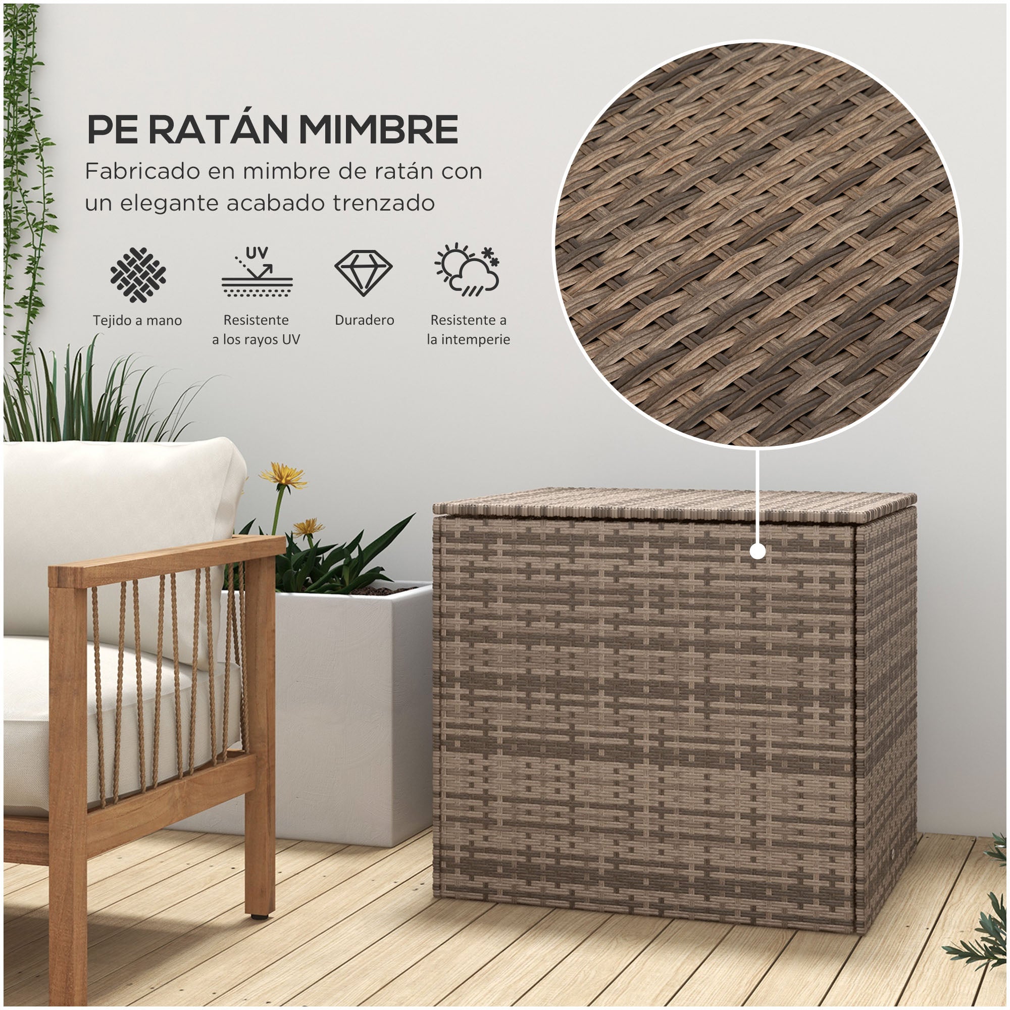 Synthetic Rattan Outdoor Chest 75x75x70 cm Storage Box with Hydraulic Rod and Steel Frame Load 50 kg Khaki