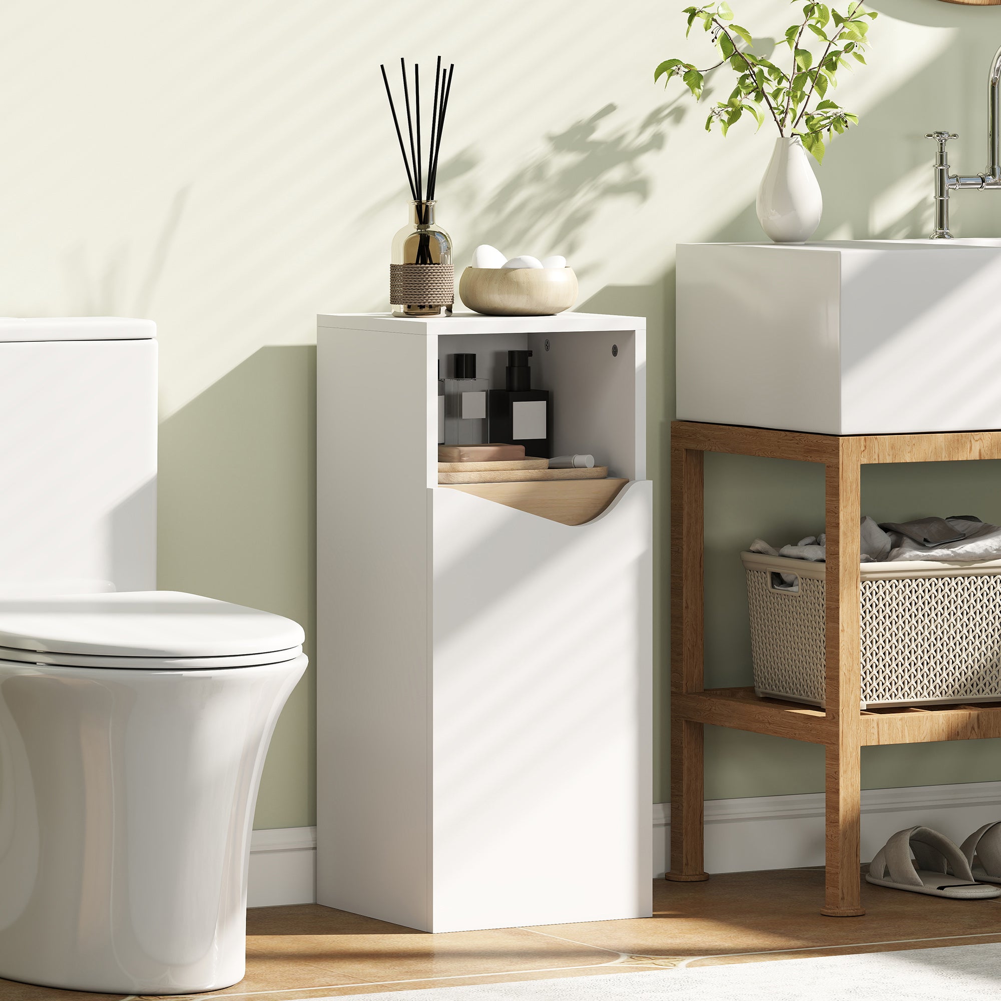 Narrow Bathroom Cabinet with Adjustable Shelves & Open Cubby, Soft‑Close Door — 11.8 x 11.8 x 28.1 in, White/Natural