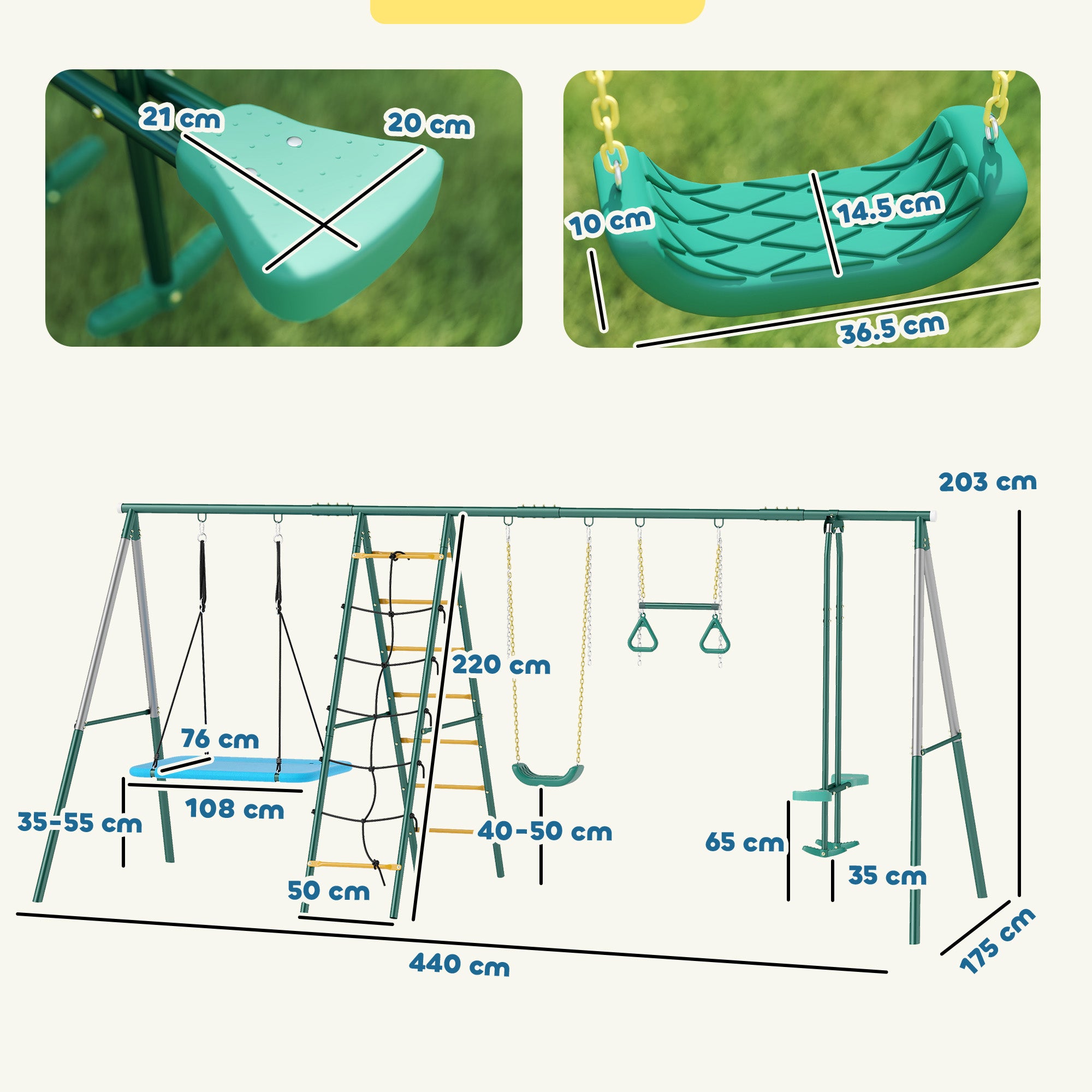 5-in-1 Kids Swing Set — Steel A-Frame (up to 771 lb) with Adjustable Nest Swing, Gym Rings, Double Seat & Climbing Frame, for Ages 3–8 — 440 x 175 x 203 cm (14'5" x 5'9" x 6'8")