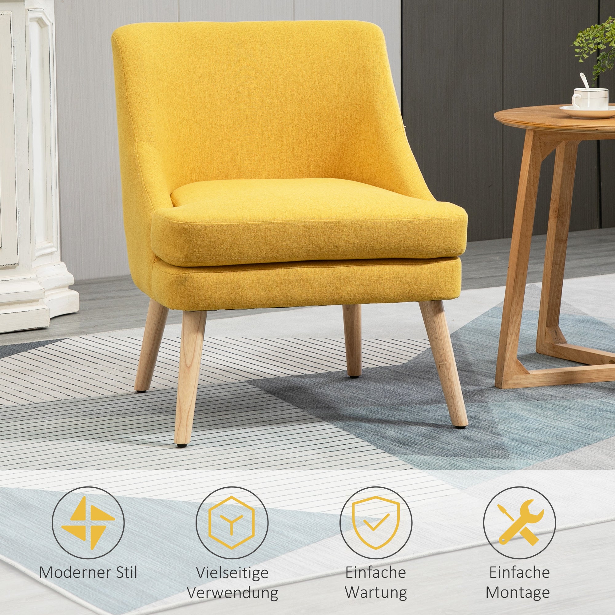 Chair Lounge Chair with Linen Look, Armrest, Upholstered Recliner with Wooden Legs, for Living Room, Bedroom, Yellow