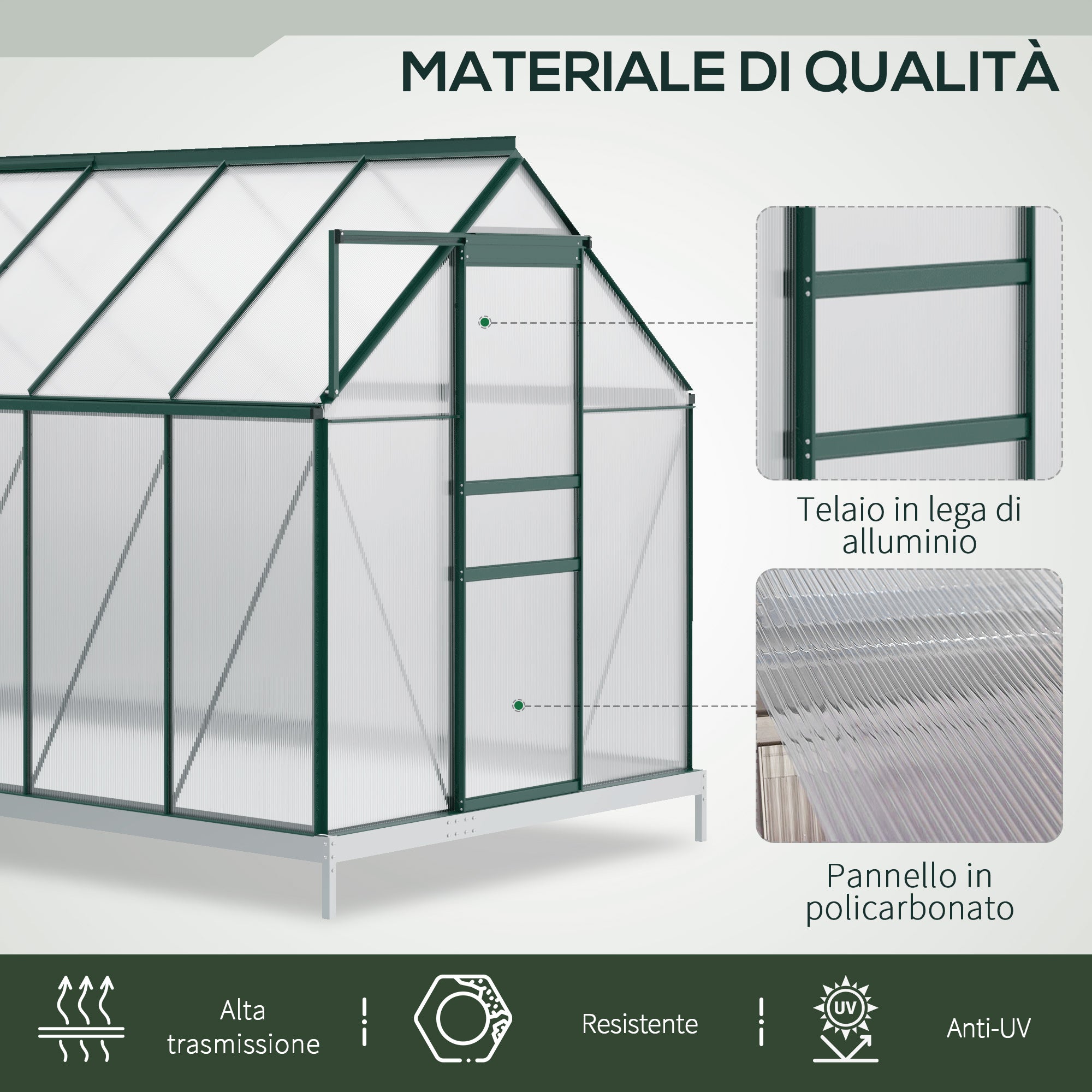 Polycarbonate Garden Greenhouse 190x375x199cm, with Openable Window and Sliding Door, Aluminum Frame, Green