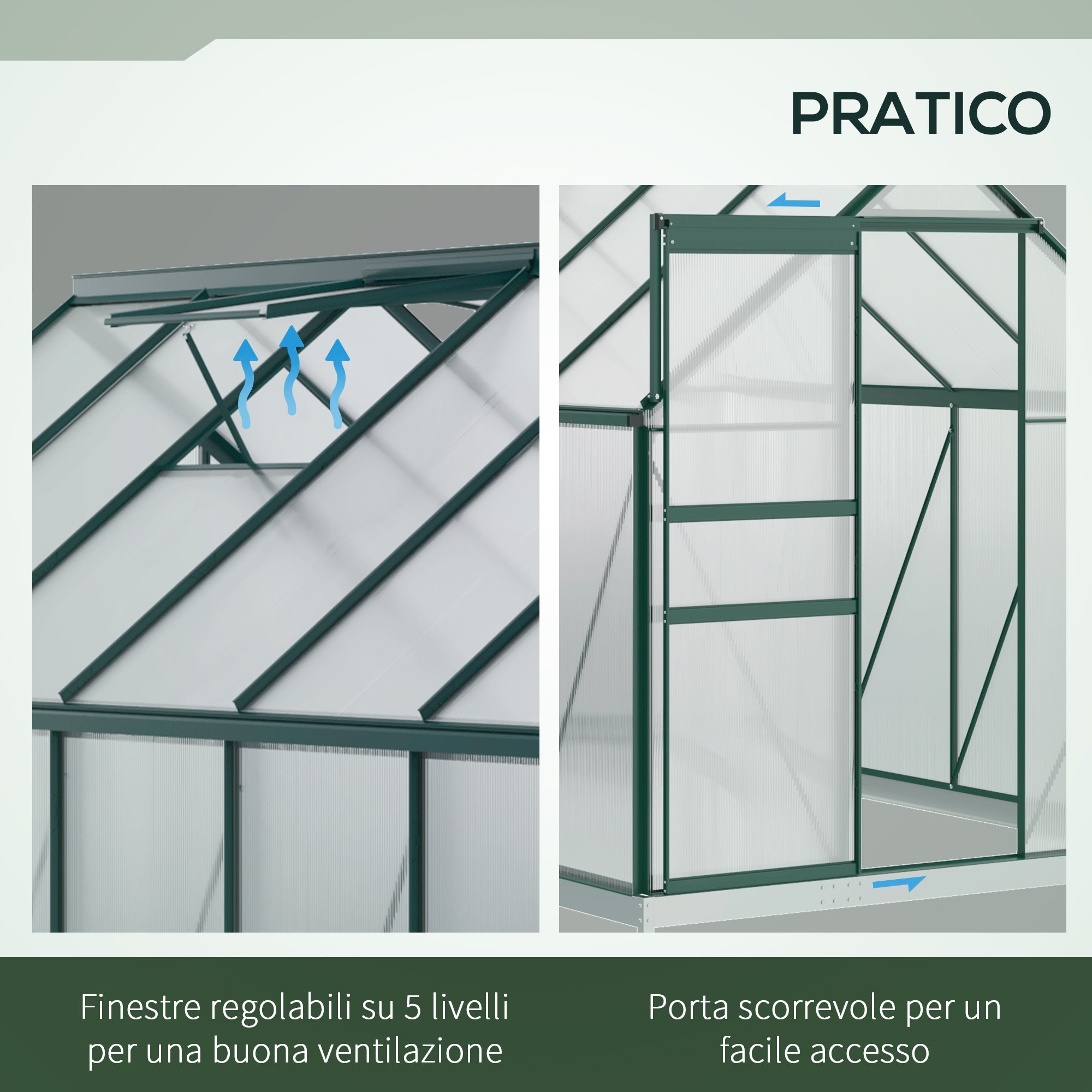 Polycarbonate Garden Greenhouse 190x375x199cm, with Openable Window and Sliding Door, Aluminum Frame, Green