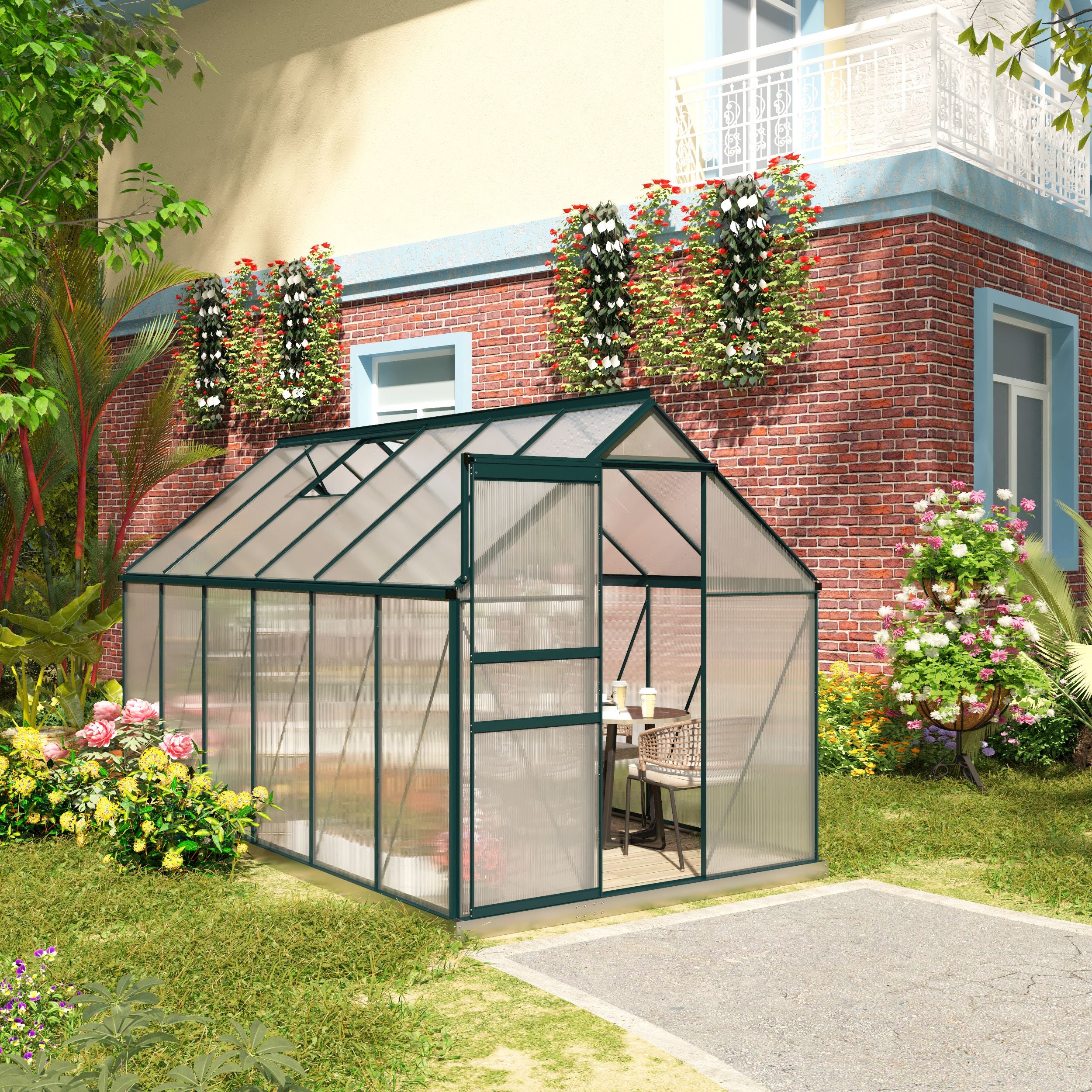 Polycarbonate Garden Greenhouse 190x375x199cm, with Openable Window and Sliding Door, Aluminum Frame, Green