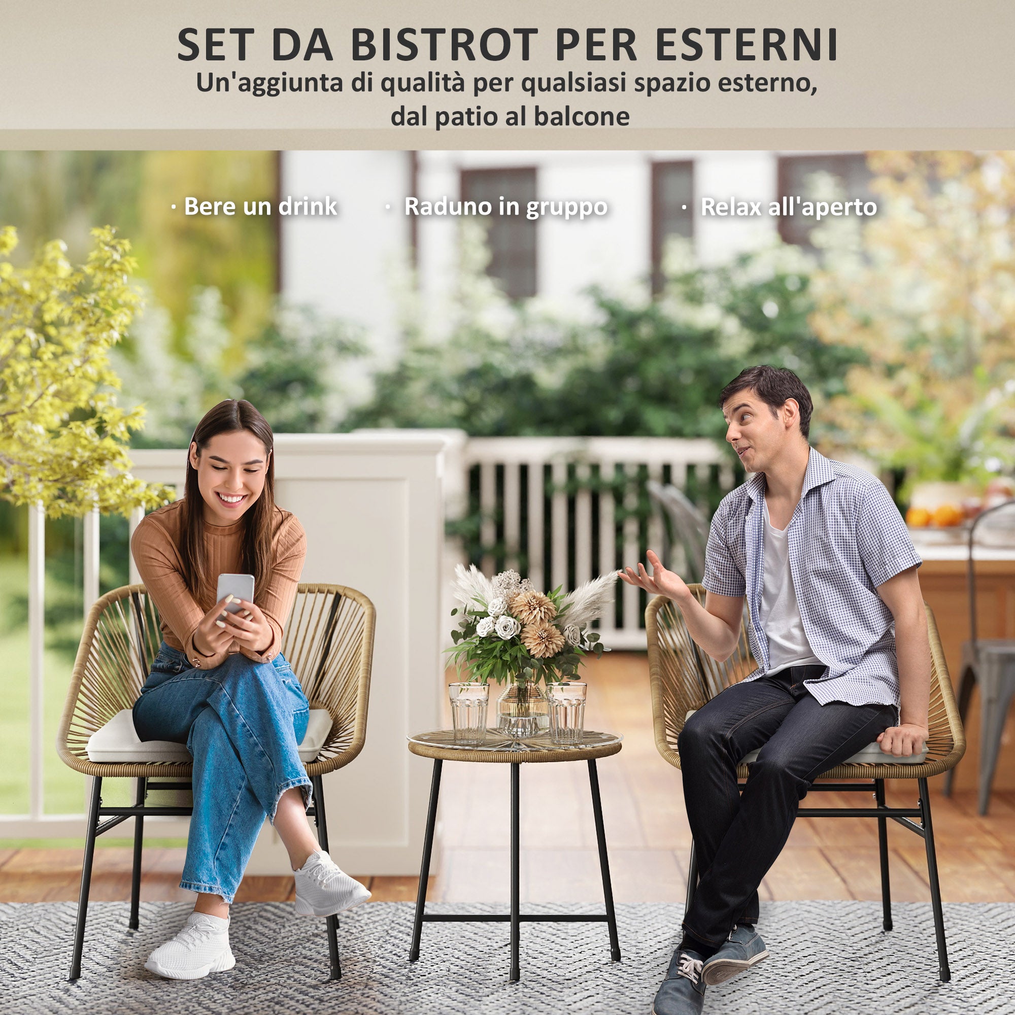 3-Piece Garden Set in PE Rattan and Steel, 2 Chairs with Cushions and Cylindrical Coffee Table with Glass Top, Balcony Furniture Set for Patio and Yard, Wood Color