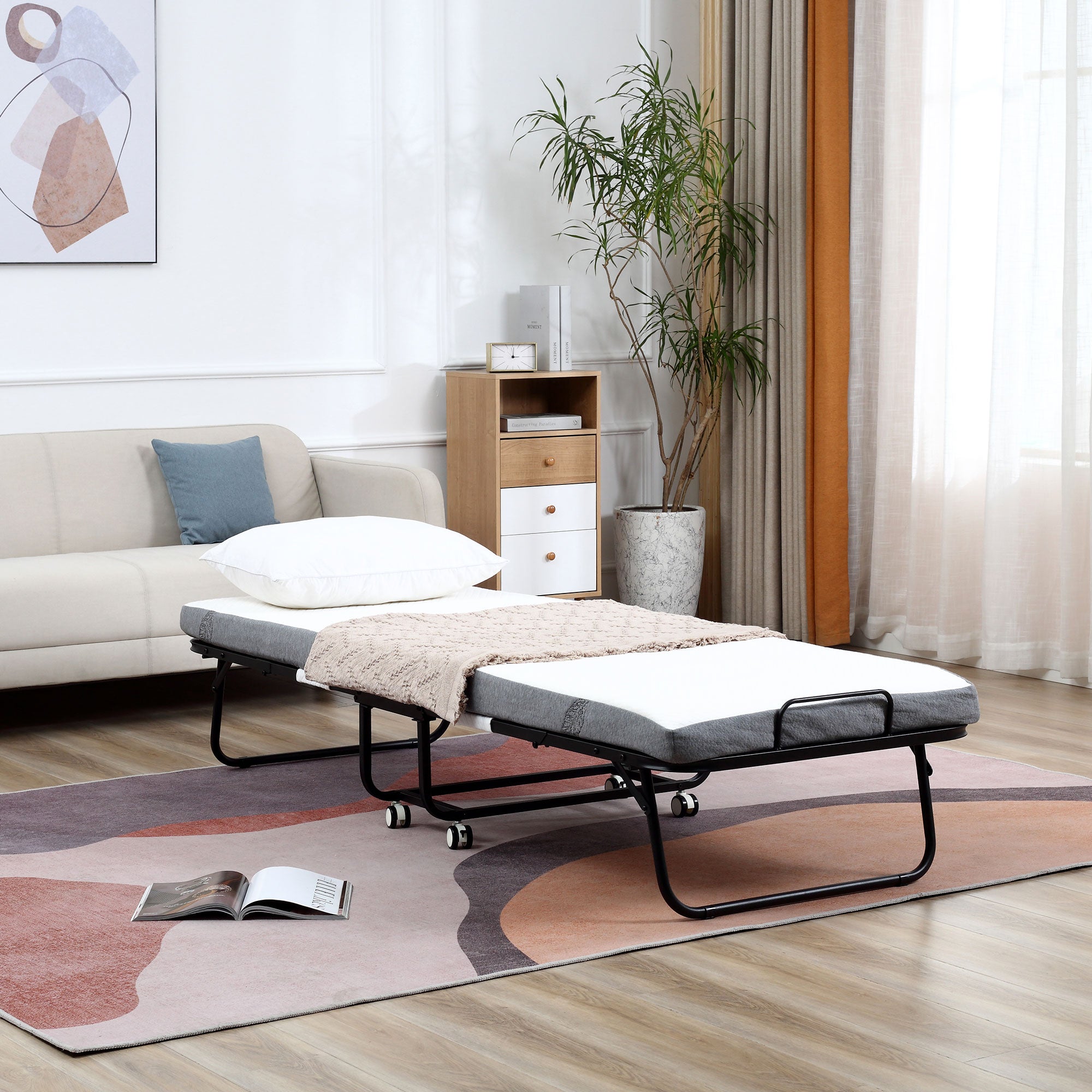 Folding Bed 200x90x42.5 cm Portable Camping Bed with Single Mattress Wheels and Brakes Load 150 kg for Bedroom Living Room Office White