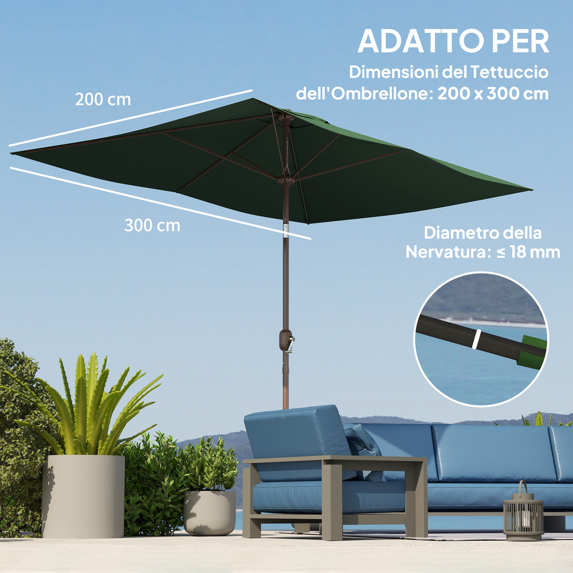 Replacement Canopy for Rectangular 3x2m Umbrellas with Ventilated Top, Sunshade Canopy Made of 180 g/m² Polyester, UV 50+ Protection, Green
