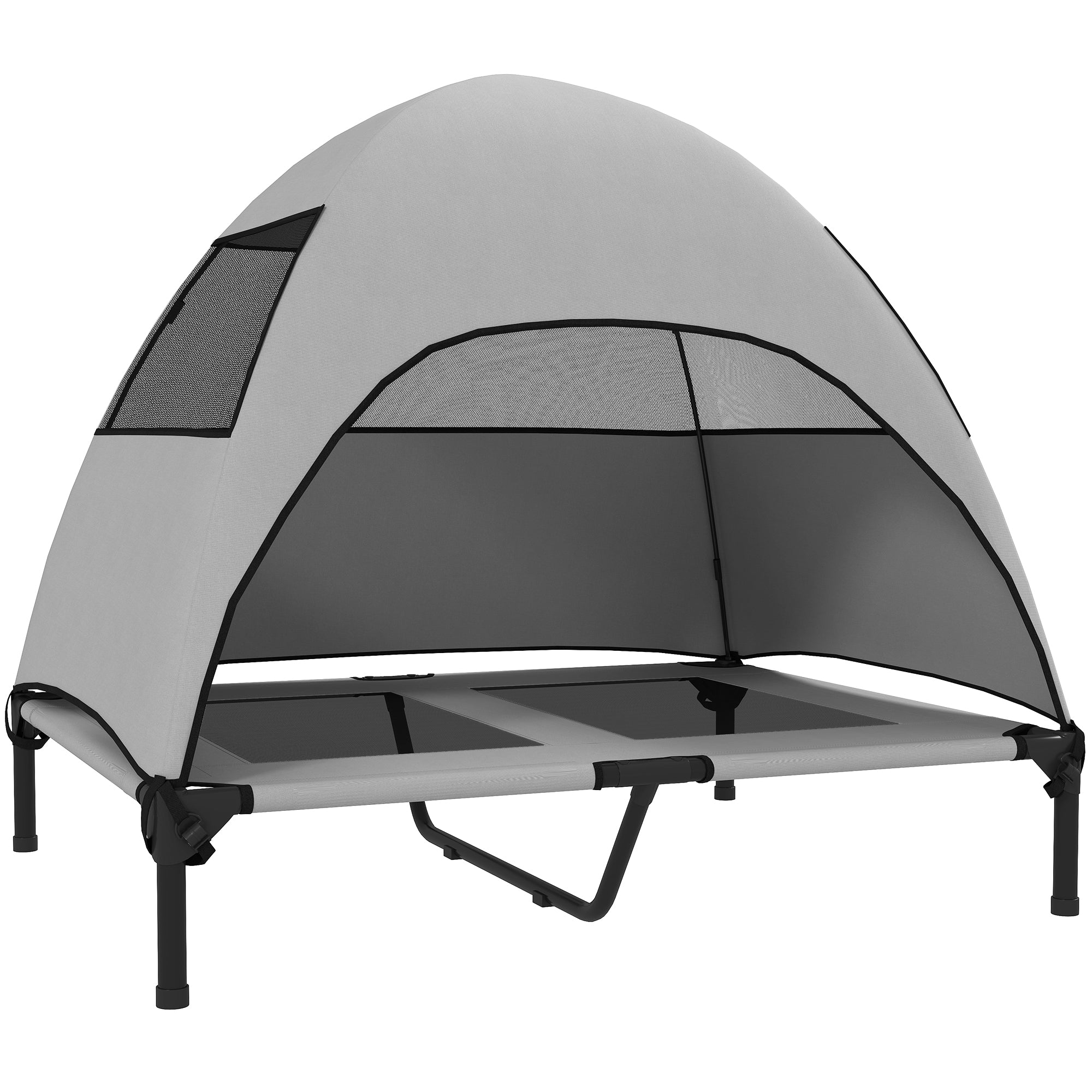 Outdoor Dog Bed with Canopy, Elevated Pet Cot for Large Dogs, Cooling Pet Lounger with Washable Mesh Metal Frame Carry Bag, Pet Bed for Outdoor Camping 91x76x90cm, Light Gray